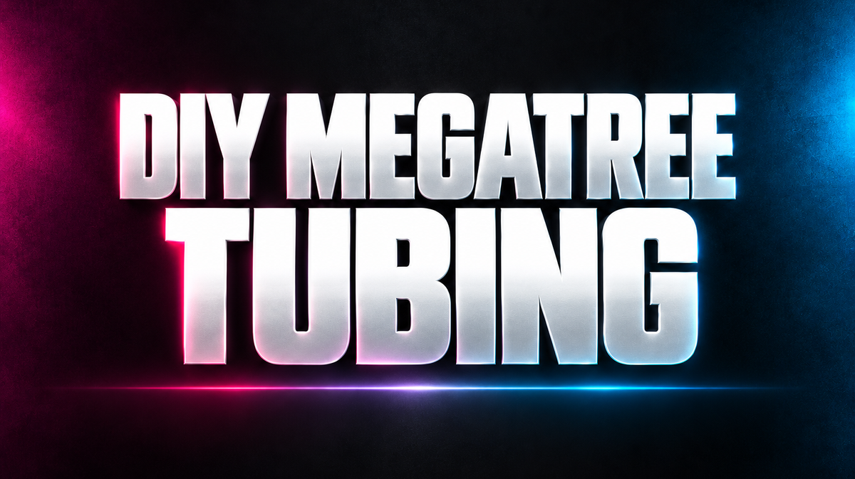 DIY MEGATREE TUBING word art in white on a dark background with magenta and blue accents
