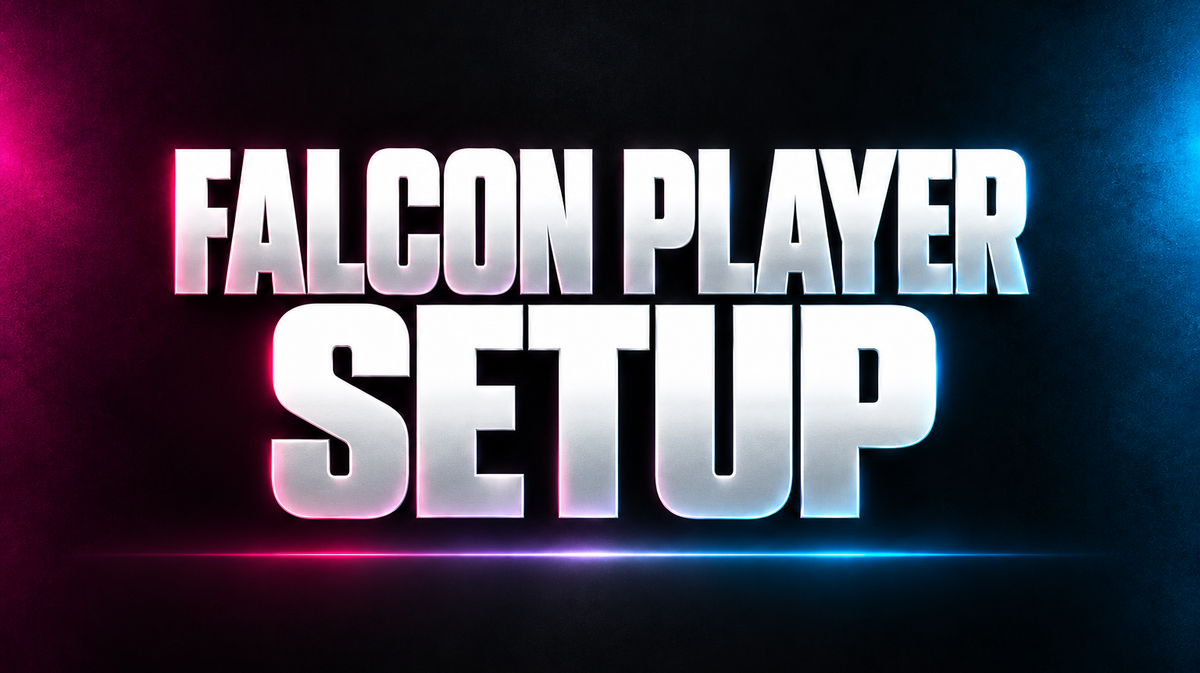 FALCON PLAYER SETUP word art in white on a dark background with magenta and blue accents