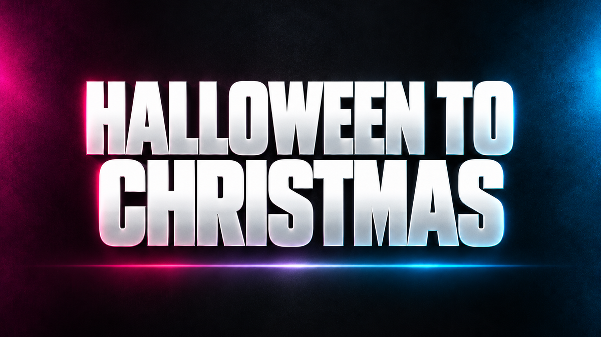 HALLOWEEN TO CHRISTMAS word art in white on a dark background with magenta and blue accents