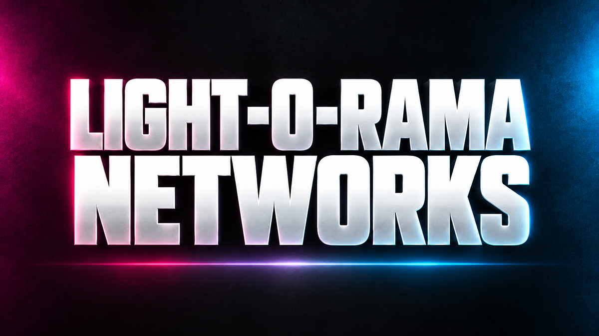 LIGHT-O-RAMA NETWORKS word art in white on a dark background with magenta and blue accents