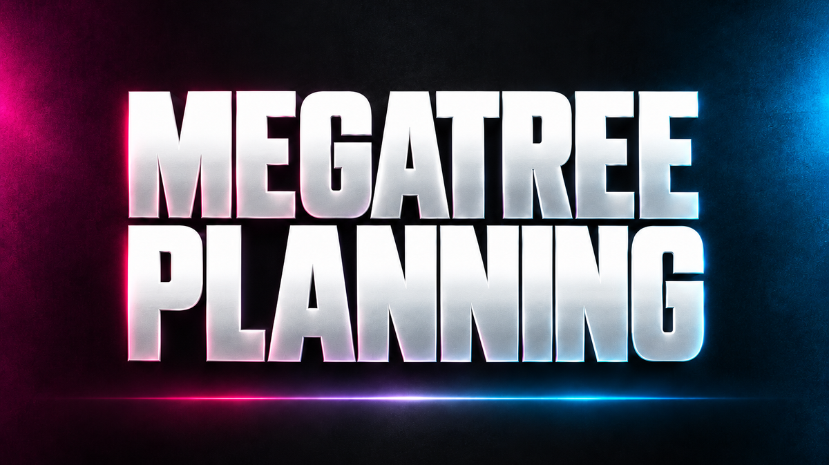 MEGATREE PLANNING word art in white on a dark background with magenta and blue accents
