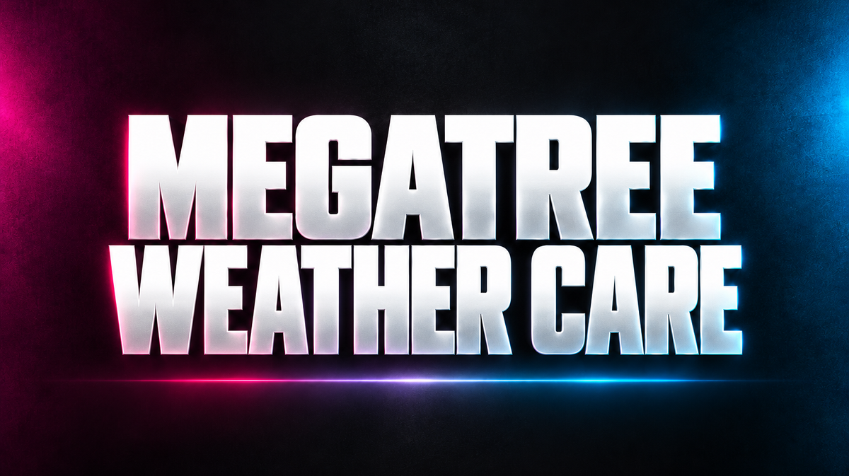 MEGATREE WEATHER CARE word art in white on a dark background with magenta and blue accents