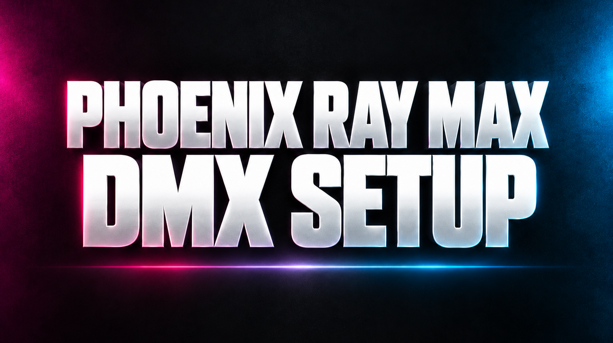 PHOENIX RAY MAX DMX SETUP word art in white on a dark background with magenta and blue accents