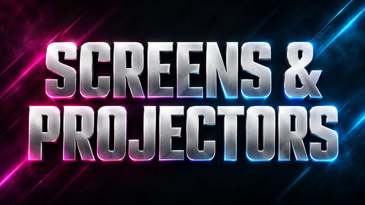 Screens and projectors guide cover with silver lettering and magenta and blue accents.