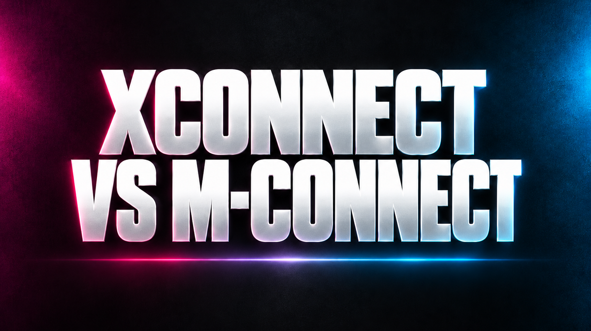 XCONNECT VS M-CONNECT word art in white on a dark background with magenta and blue accents