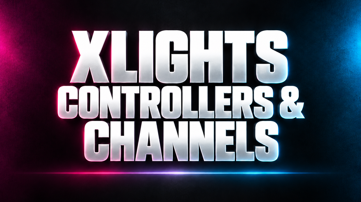 XLIGHTS CONTROLLERS & CHANNELS word art in white on a dark background with magenta and blue accents