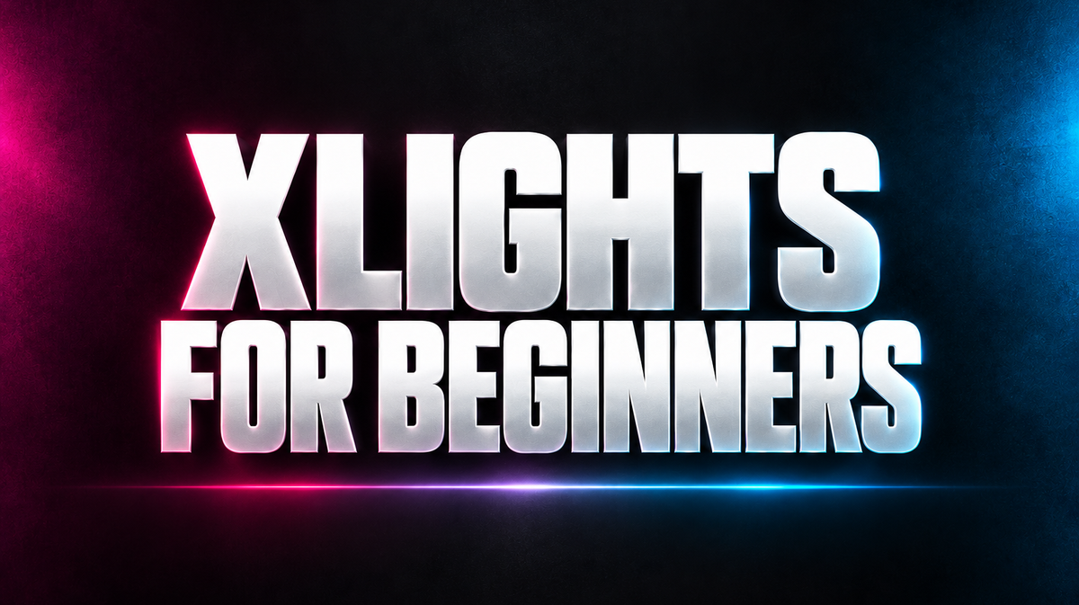 XLIGHTS FOR BEGINNERS word art in white on a dark background with magenta and blue accents