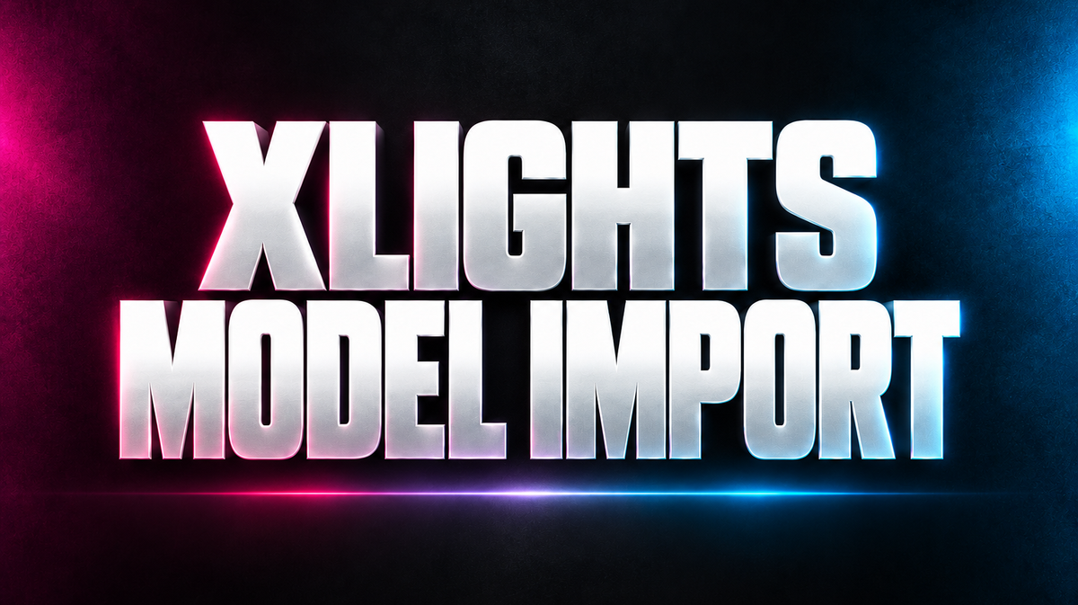 XLIGHTS MODEL IMPORT word art in white on a dark background with magenta and blue accents