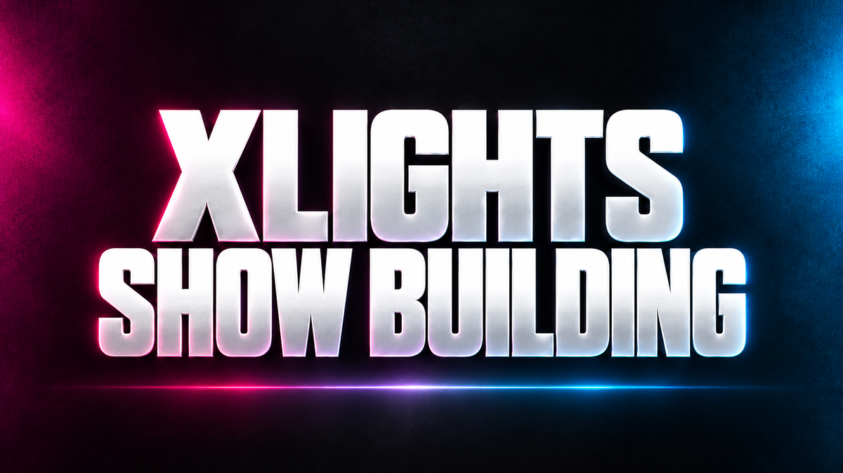 XLIGHTS SHOW BUILDING word art in white on a dark background with magenta and blue accents