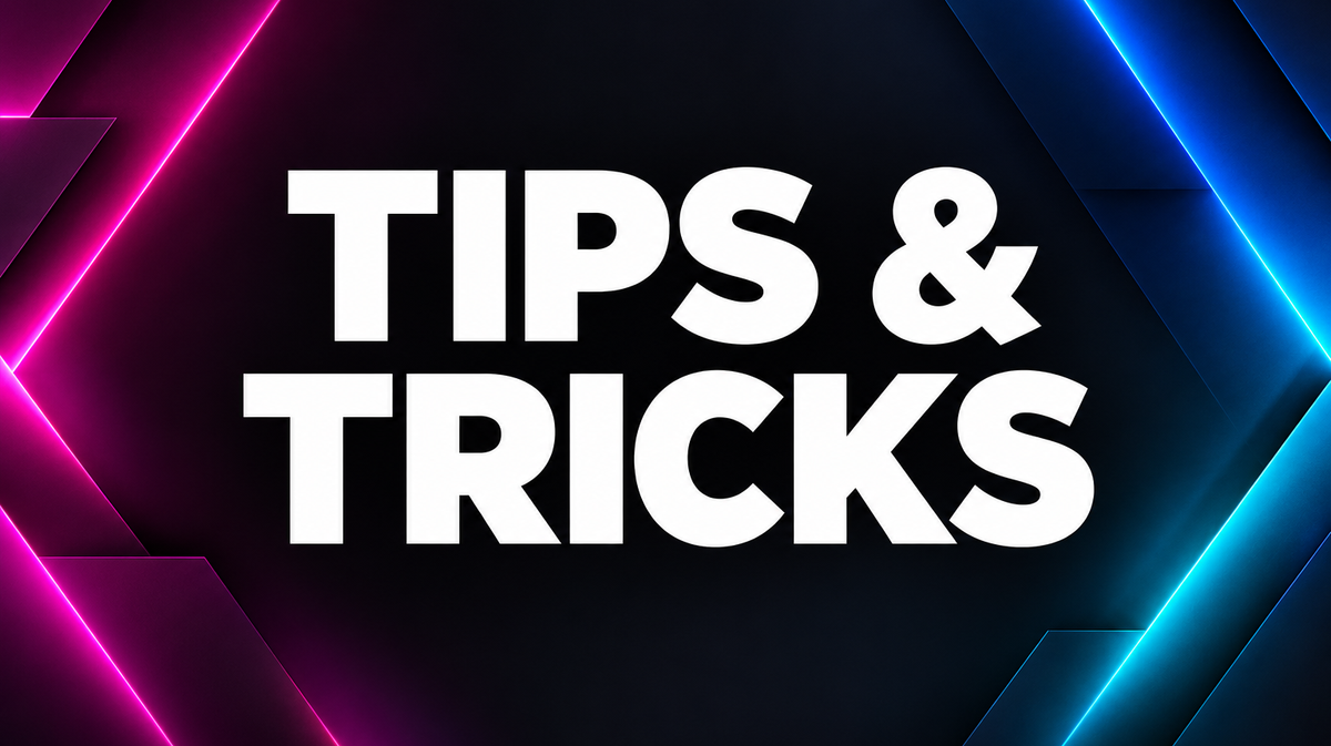 Tips & Tricks word art in white on a dark background with magenta and blue accents
