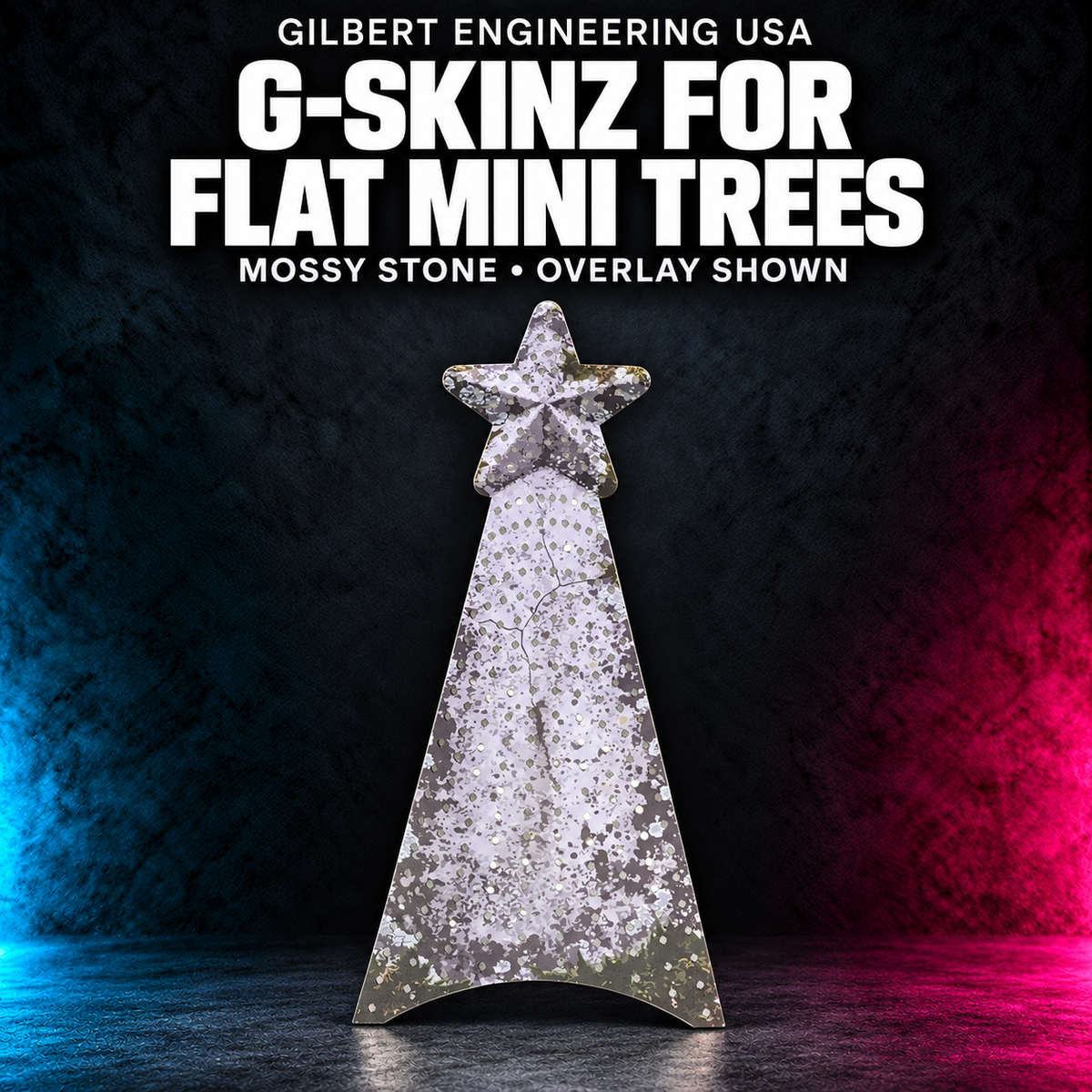 Gilbert Engineering USA G-SkinZ for the Flat Mini Trees; mossy stone, overlay shown. Exact photographed product presented on a charcoal background with cyan and magenta accent lighting.