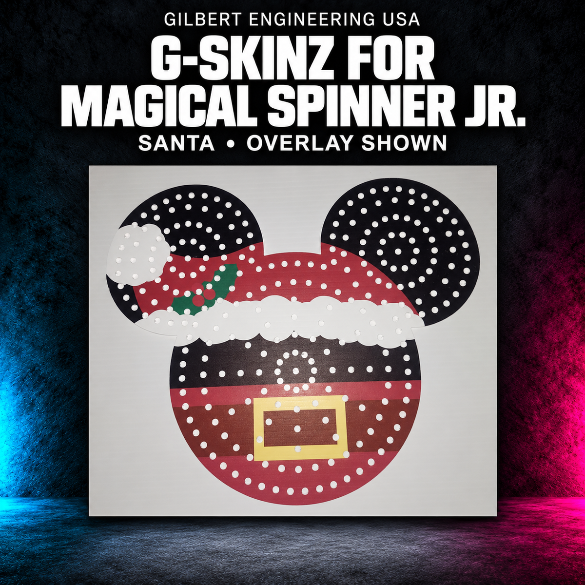 Gilbert Engineering USA G-SkinZ for the Magical Spinner Jr.; santa, overlay shown. Exact photographed product presented on a charcoal background with cyan and magenta accent lighting.