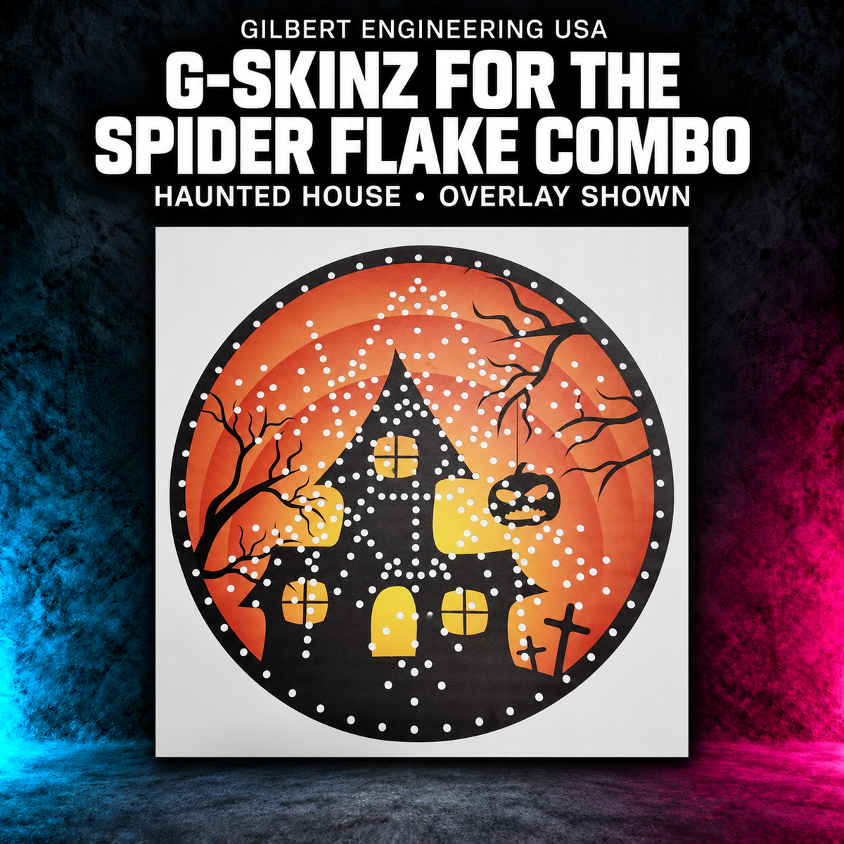 Gilbert Engineering USA G-SkinZ for the Spider Flake Combo; haunted house, overlay shown. Exact photographed product on a charcoal background with cyan and magenta accents.