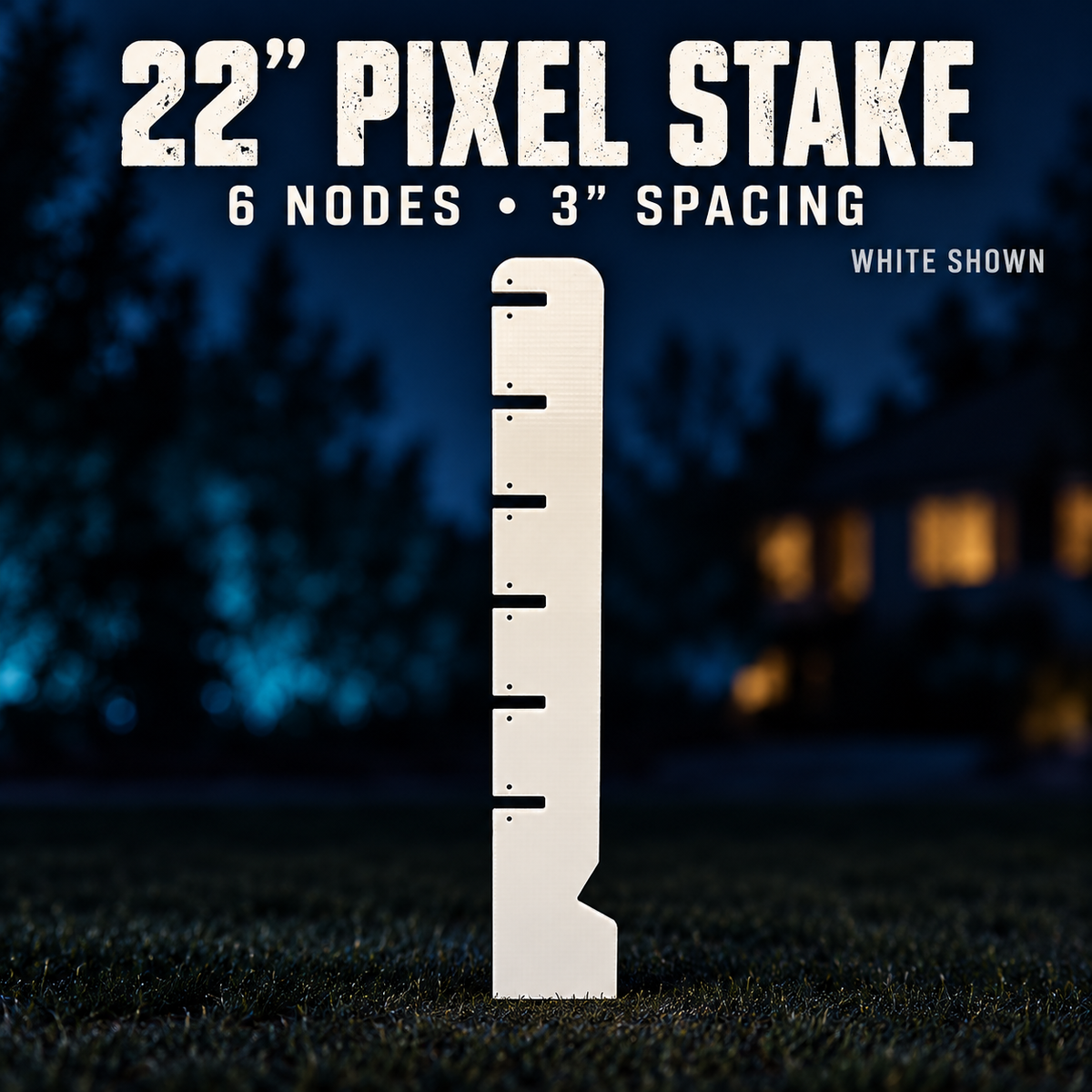 Boscoyo 22-inch white six-node pixel stake with 3-inch spacing; no pixels or ground spike shown.