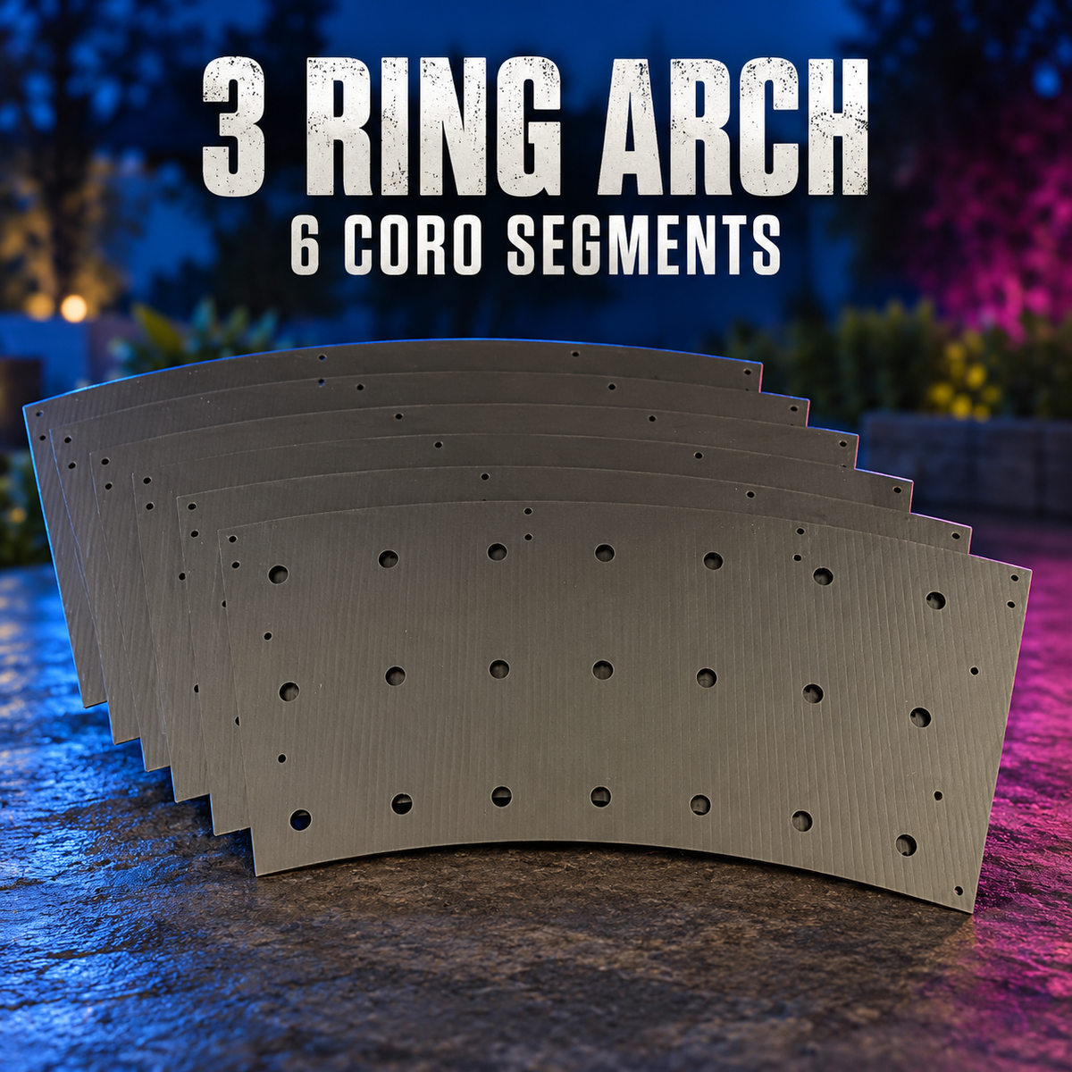 Boscoyo 3 Ring Arch kit showing six unlit curved coro segments with pixel mounting holes.