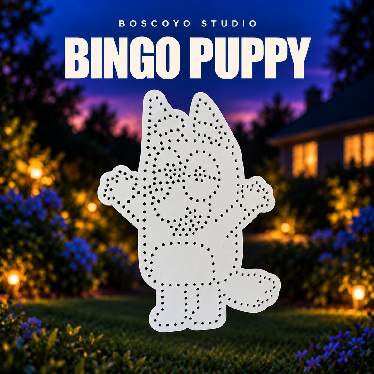 Bingo Puppy by Boscoyo Studio, bare unlit coro prop with its original pixel-hole layout.