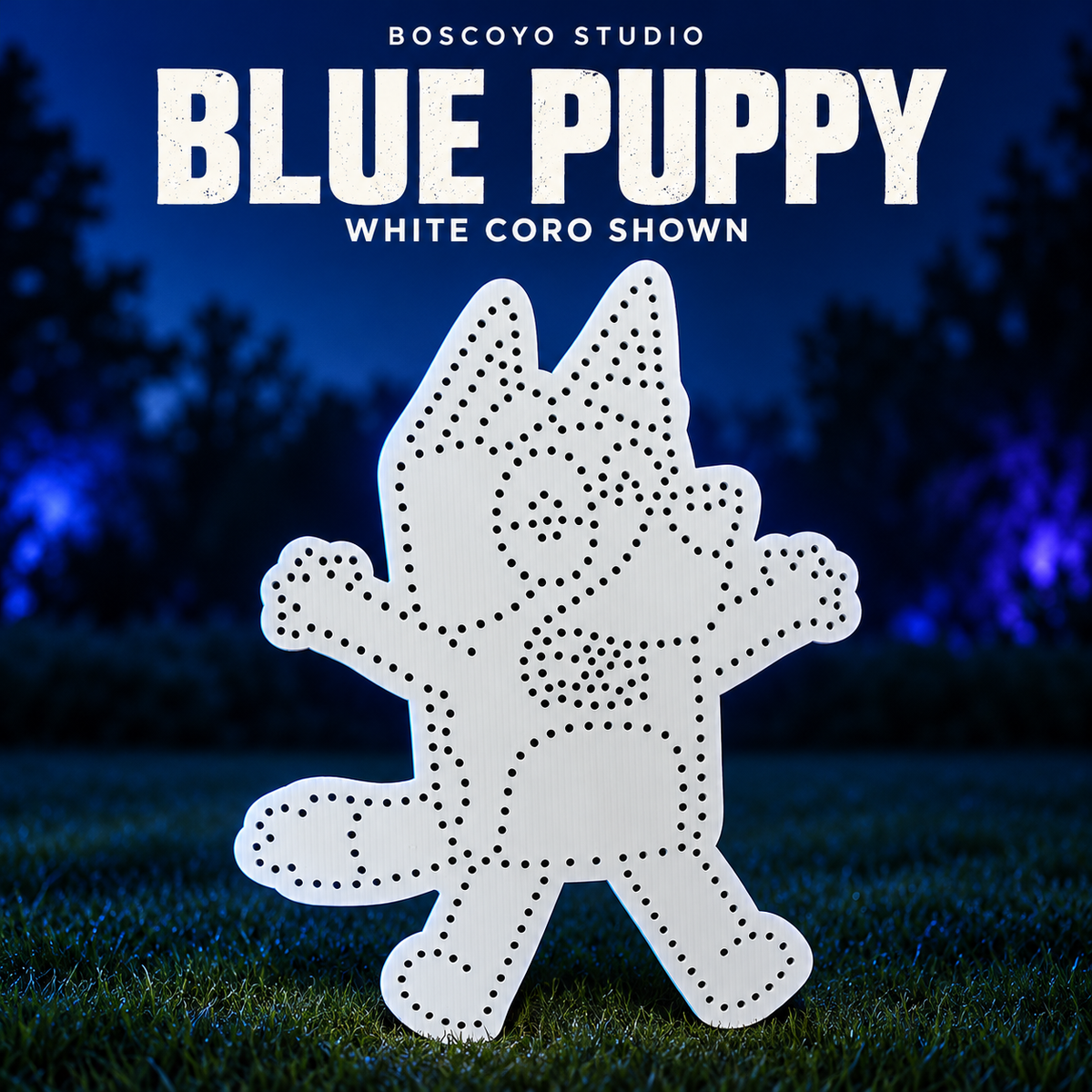 Unlit white Blue Puppy coro prop by Boscoyo Studio, shown against a dark evening yard background.
