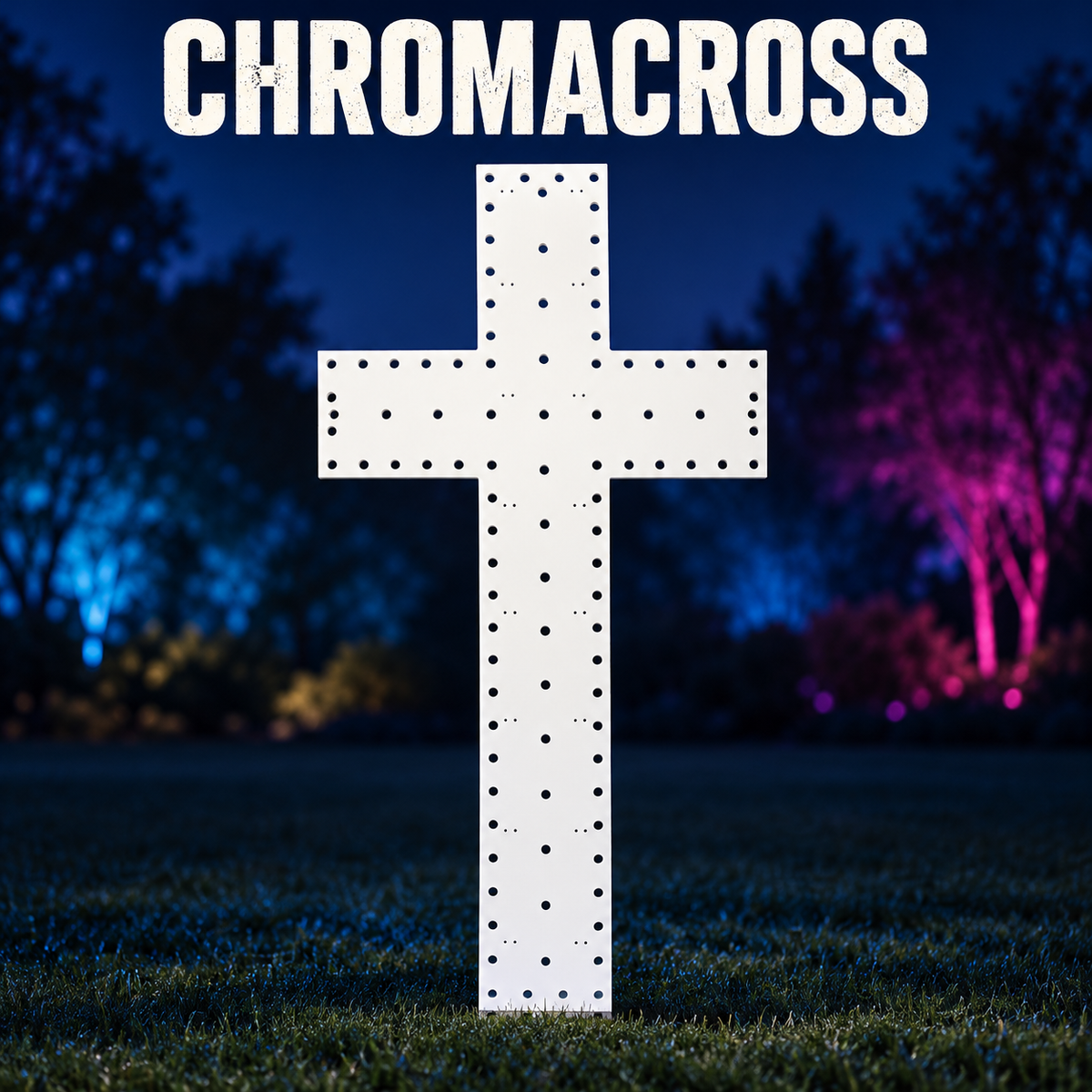 Boscoyo ChromaCross as an unlit white coro cross with empty pixel and zip-tie holes.