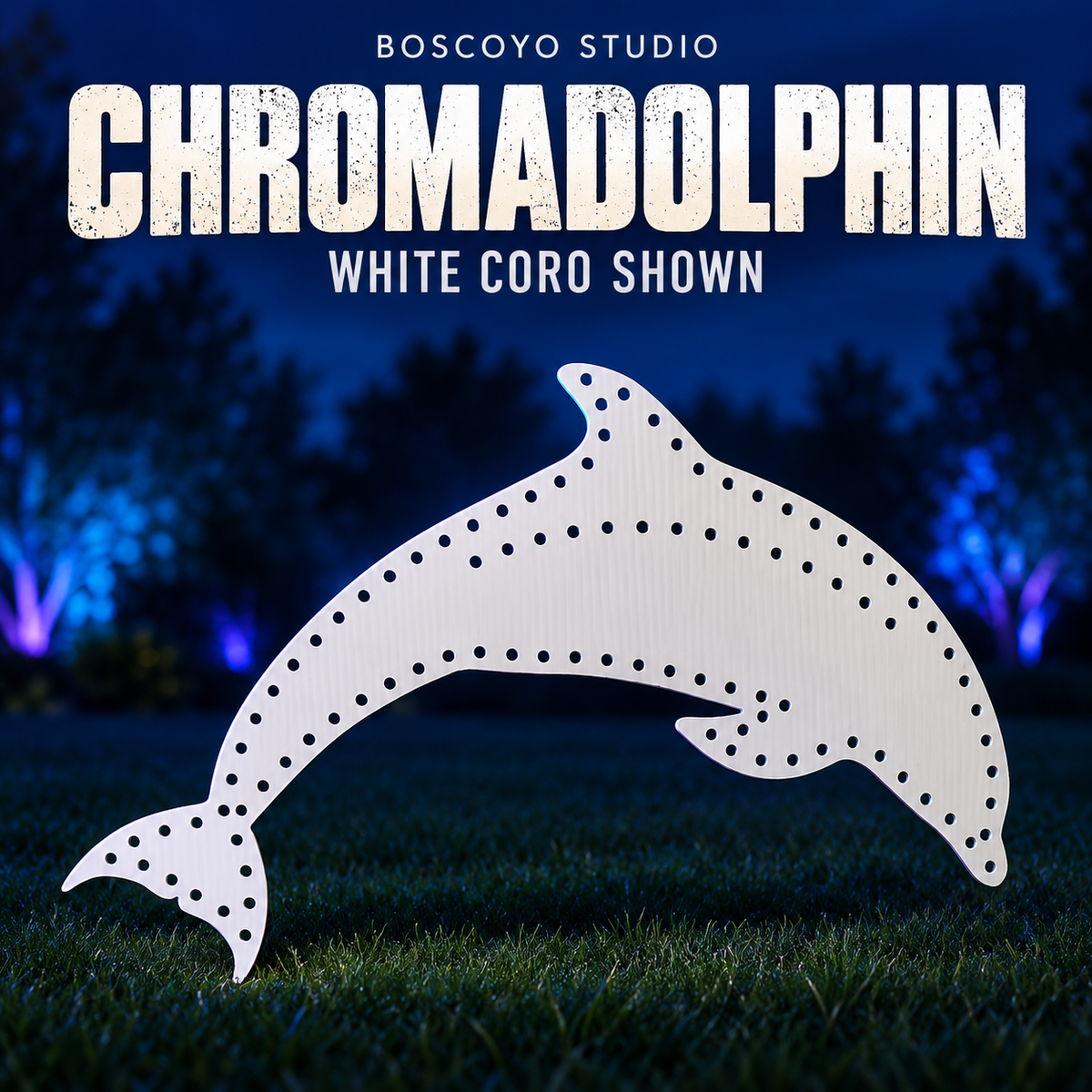 Unlit white ChromaDolphin coro prop by Boscoyo Studio, shown against a dark evening yard background.