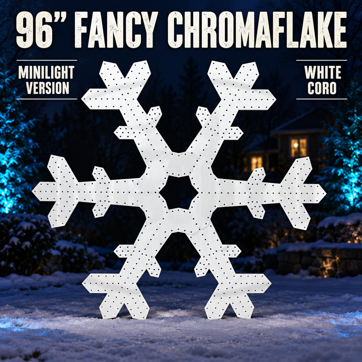 96″ FANCY CHROMAFLAKE by Boscoyo Studio, exact unlit coro product shown in a blue-lit evening yard