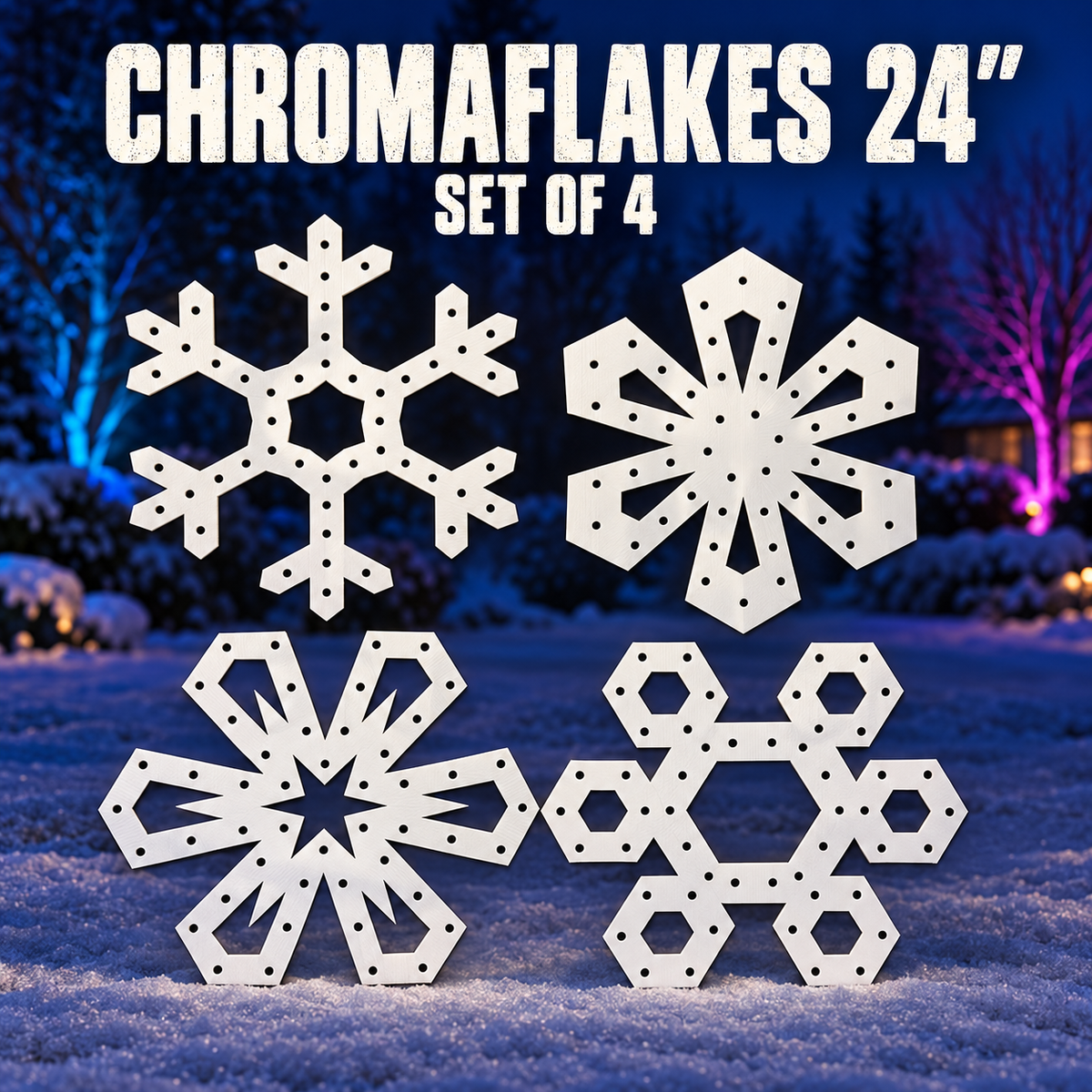 Boscoyo 24-inch ChromaFlakes set of four distinct unlit white coro snowflakes with empty pixel mounting holes.