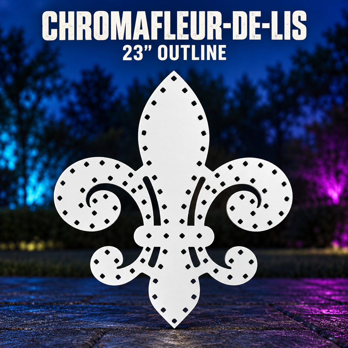 Boscoyo 23-inch outline ChromaFleur-de-lis, shown in unlit white coro with empty perimeter pixel holes.