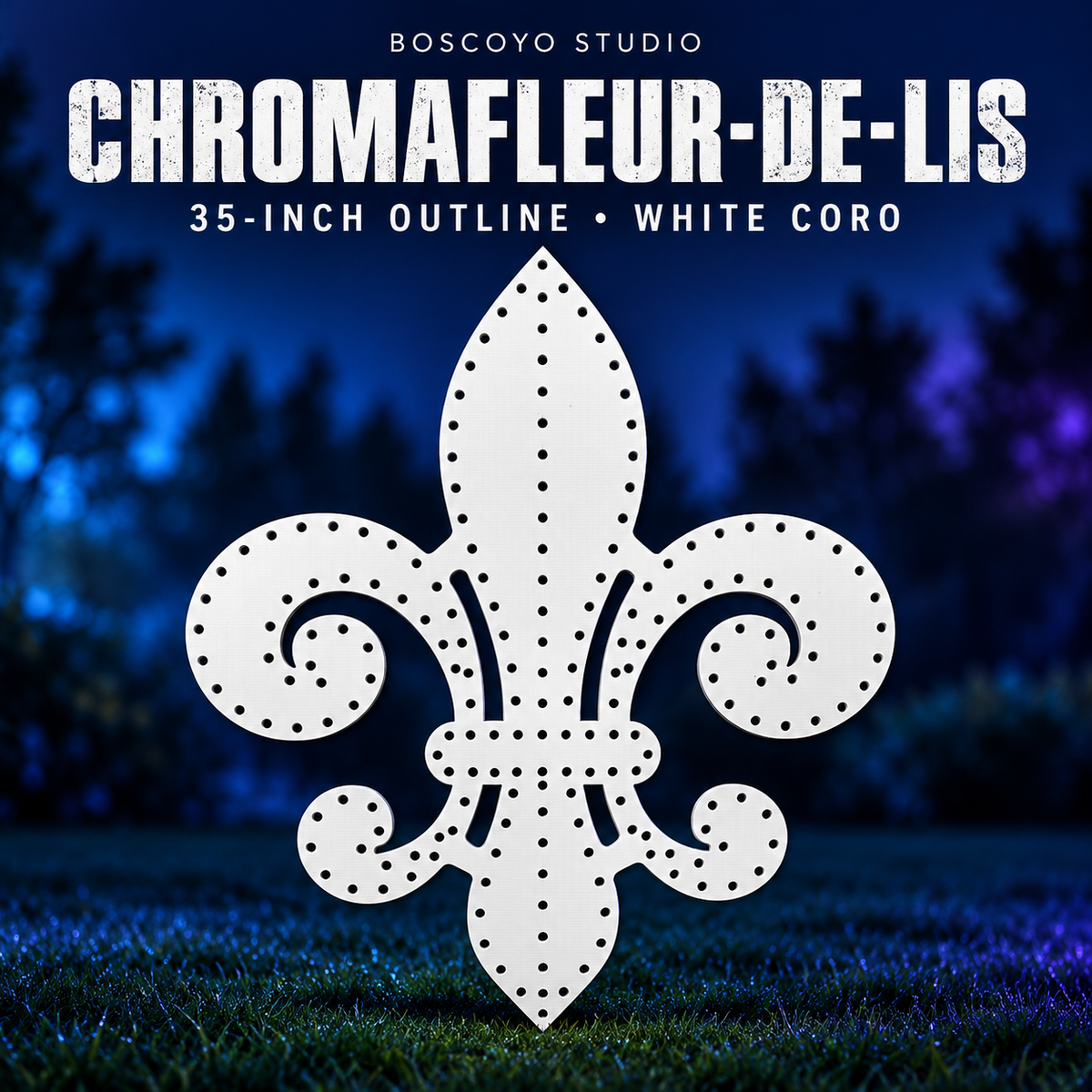 Unlit white 35-inch outline ChromaFleur-de-lis coro prop by Boscoyo Studio.