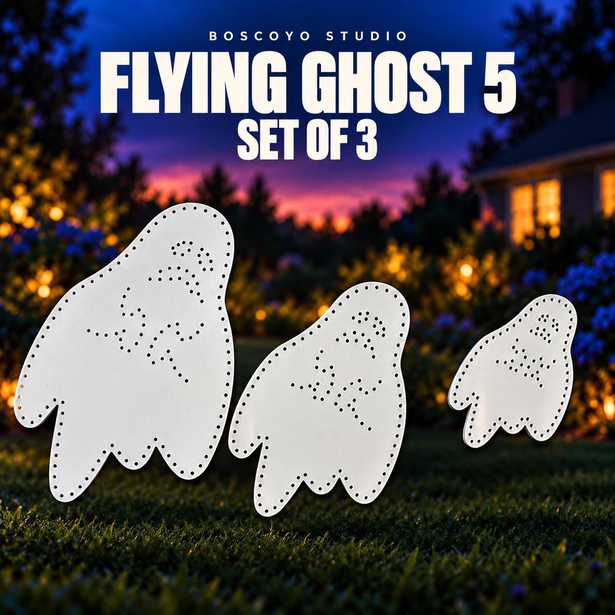 Boscoyo Studio Flying Ghost 5 set of three bare white coro ghosts in large, medium and small sizes.