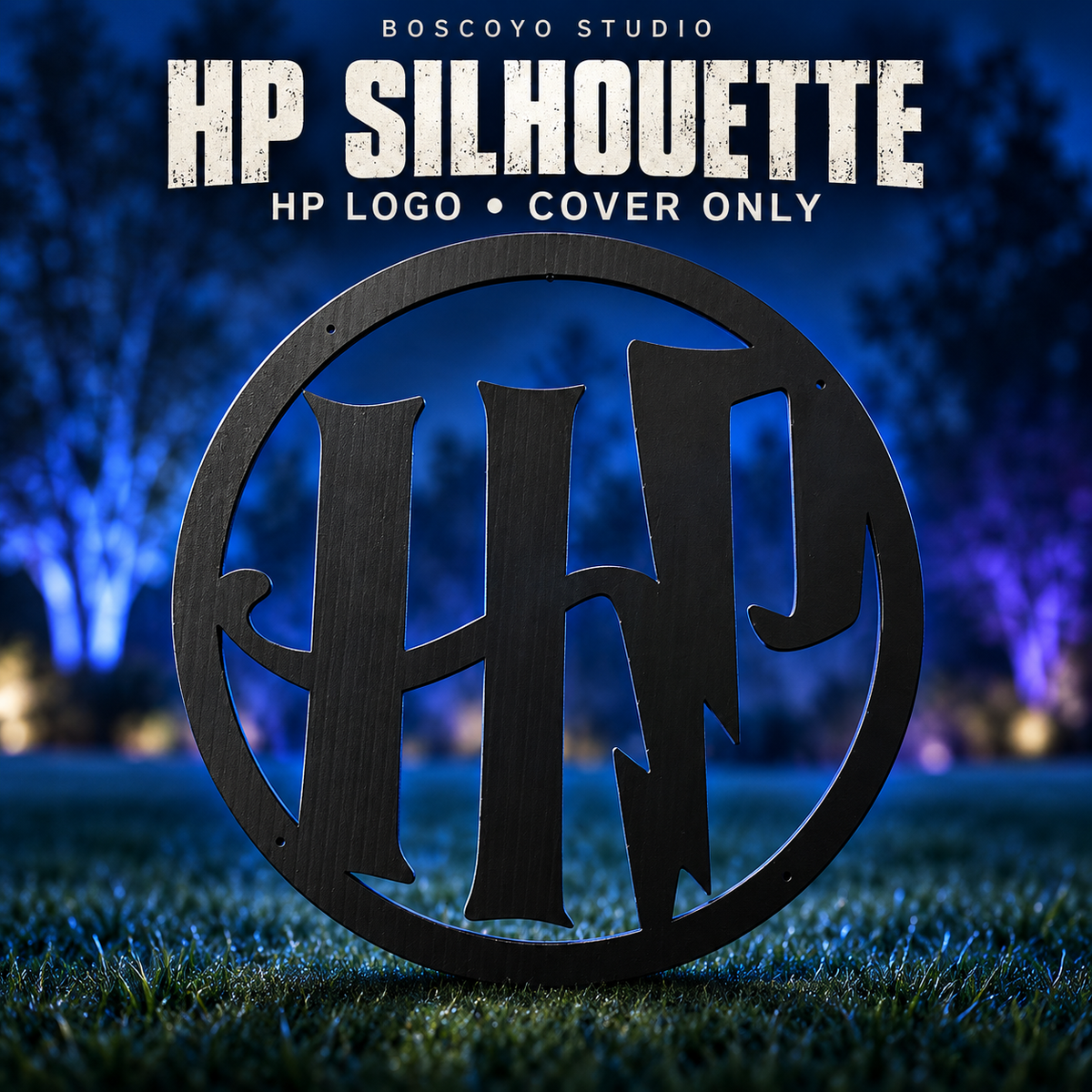 ChromaGlow Circle 23" Silhouette Cover HP Series by Boscoyo Studio, unlit black HP Logo cover only on a dark blue evening yard background.