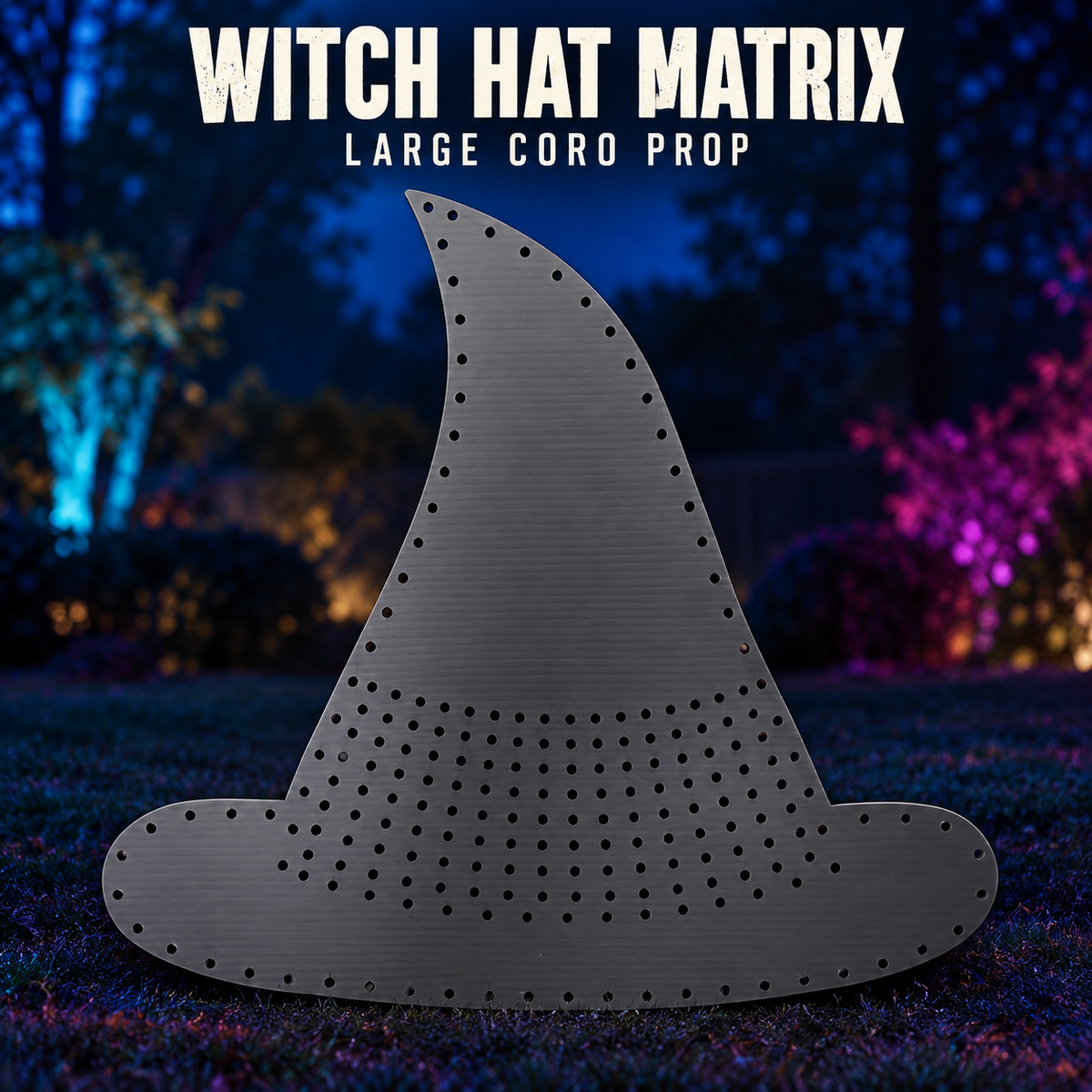 Boscoyo large Witch Hat Matrix, an unlit black coro hat with wide brim, bent tip and empty outline and matrix pixel holes.