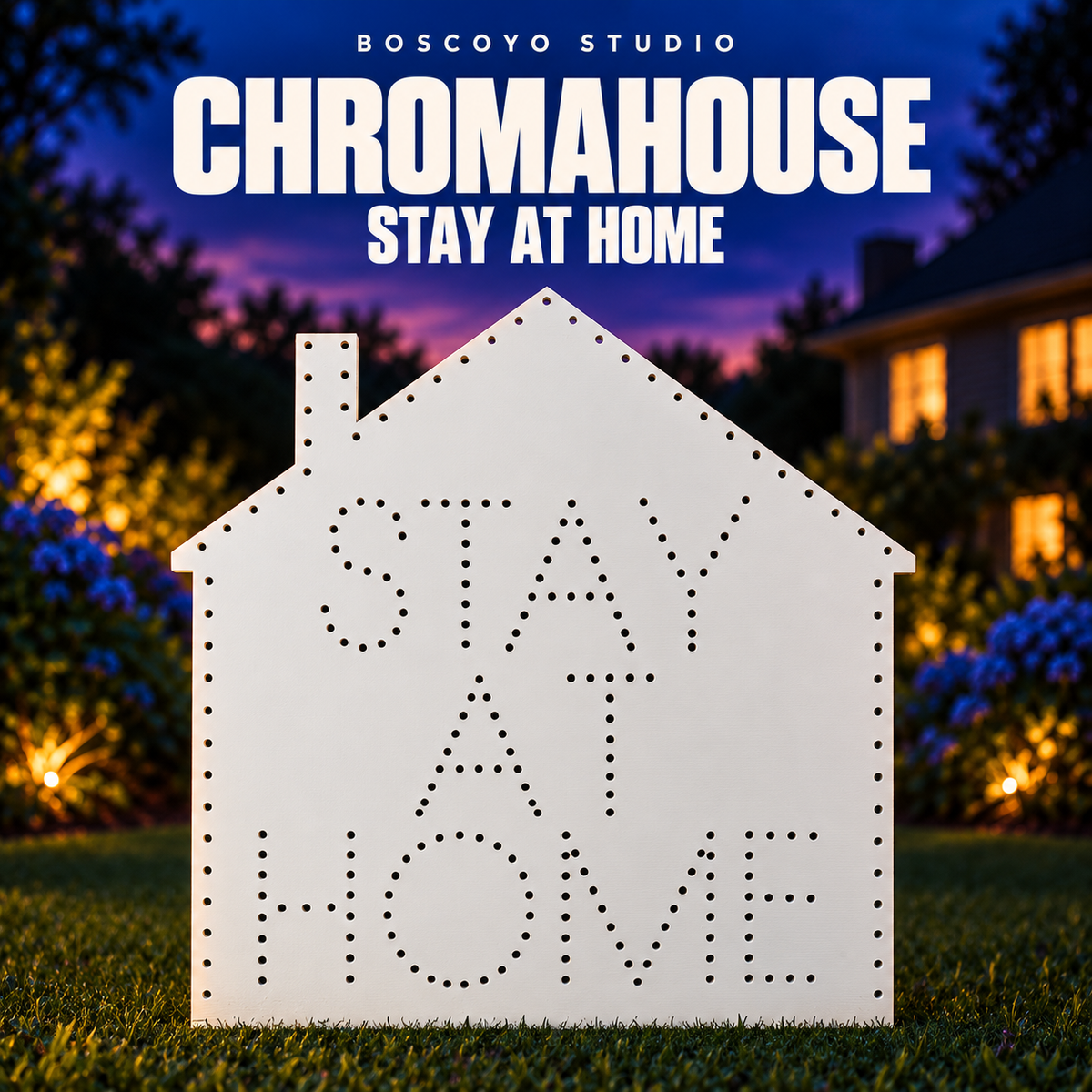 Boscoyo Studio ChromaHouse Stay At Home bare white house-shaped coro panel with empty outline and letter pixel holes.