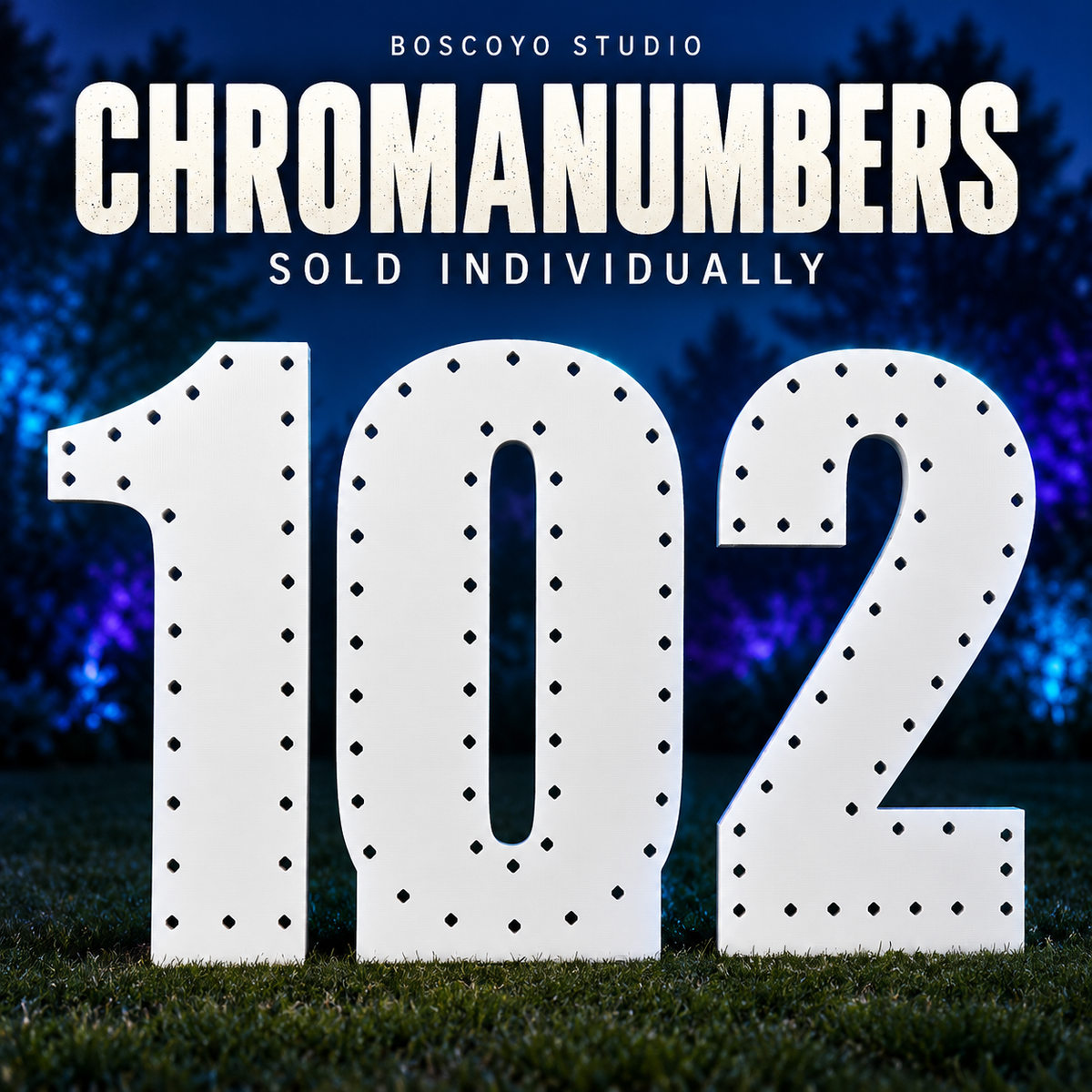 ChromaNumbers by Boscoyo Studio, unlit white number 1, 0 and 2 examples; numbers sold individually.