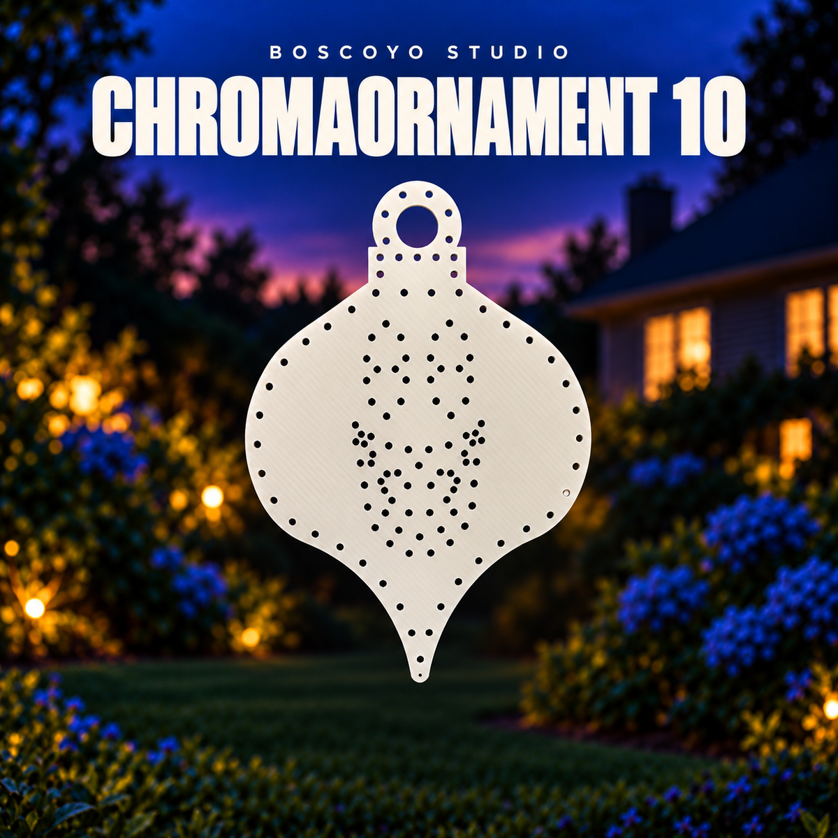 Boscoyo Studio ChromaOrnament 10 bare white coro singing ornament with original hanging loop and empty pixel holes.