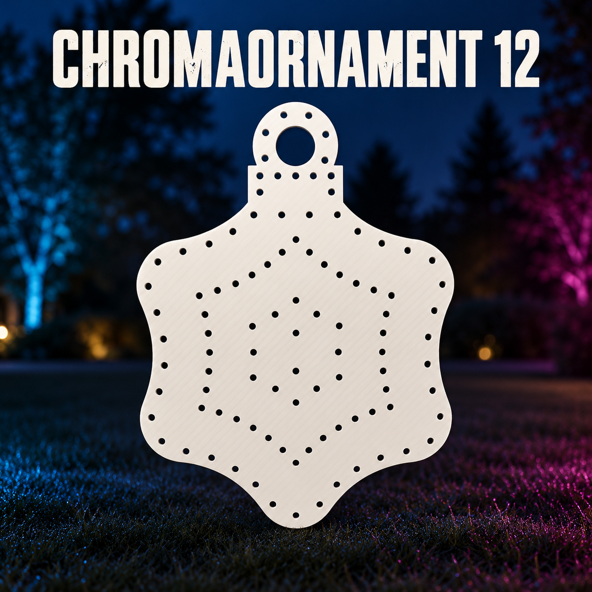 Boscoyo ChromaOrnament 12, unlit white coro with its scalloped ornament silhouette, top hanging loop and three rings of empty pixel holes.