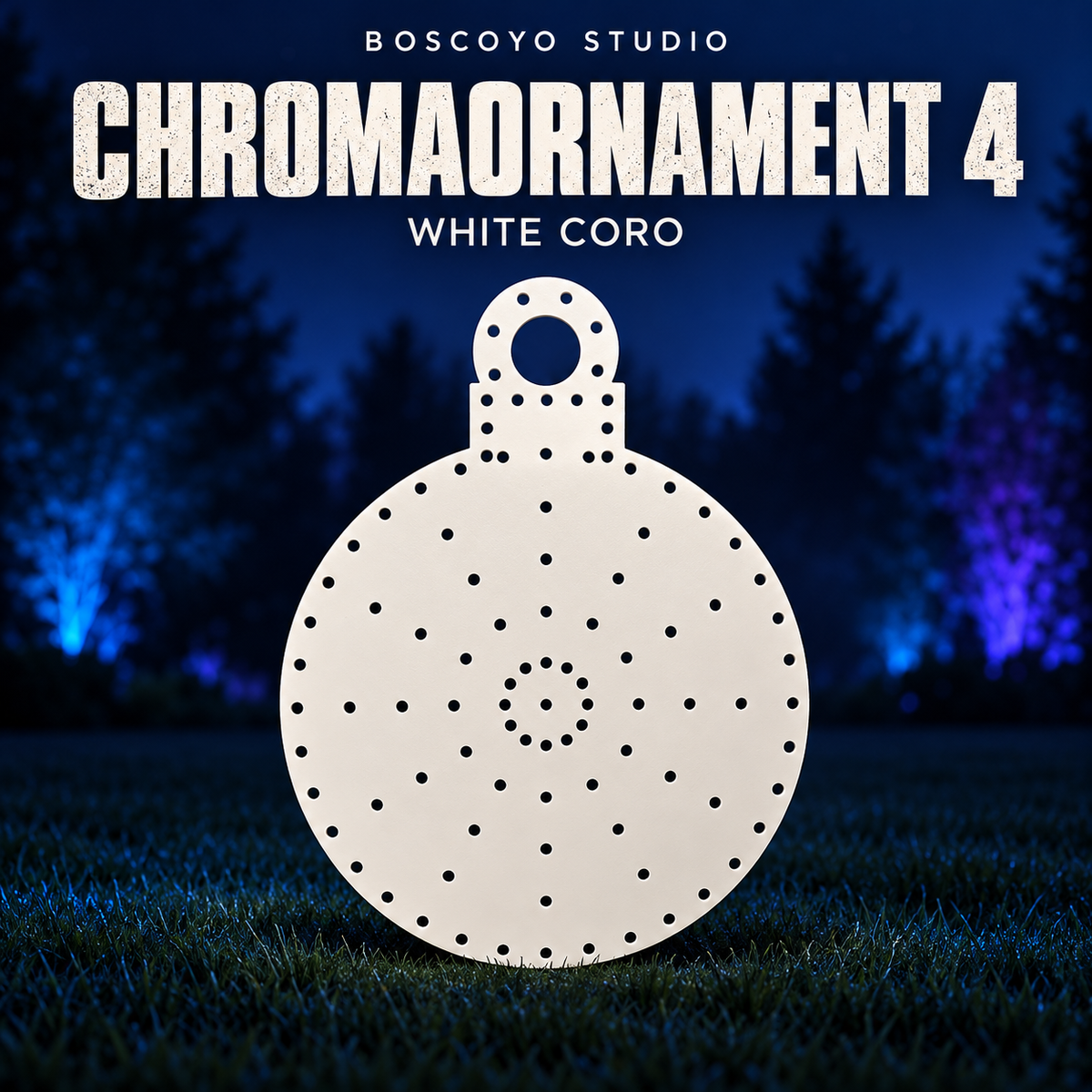 ChromaOrnament 4 by Boscoyo Studio, original unlit coro prop on a dark blue evening yard background.