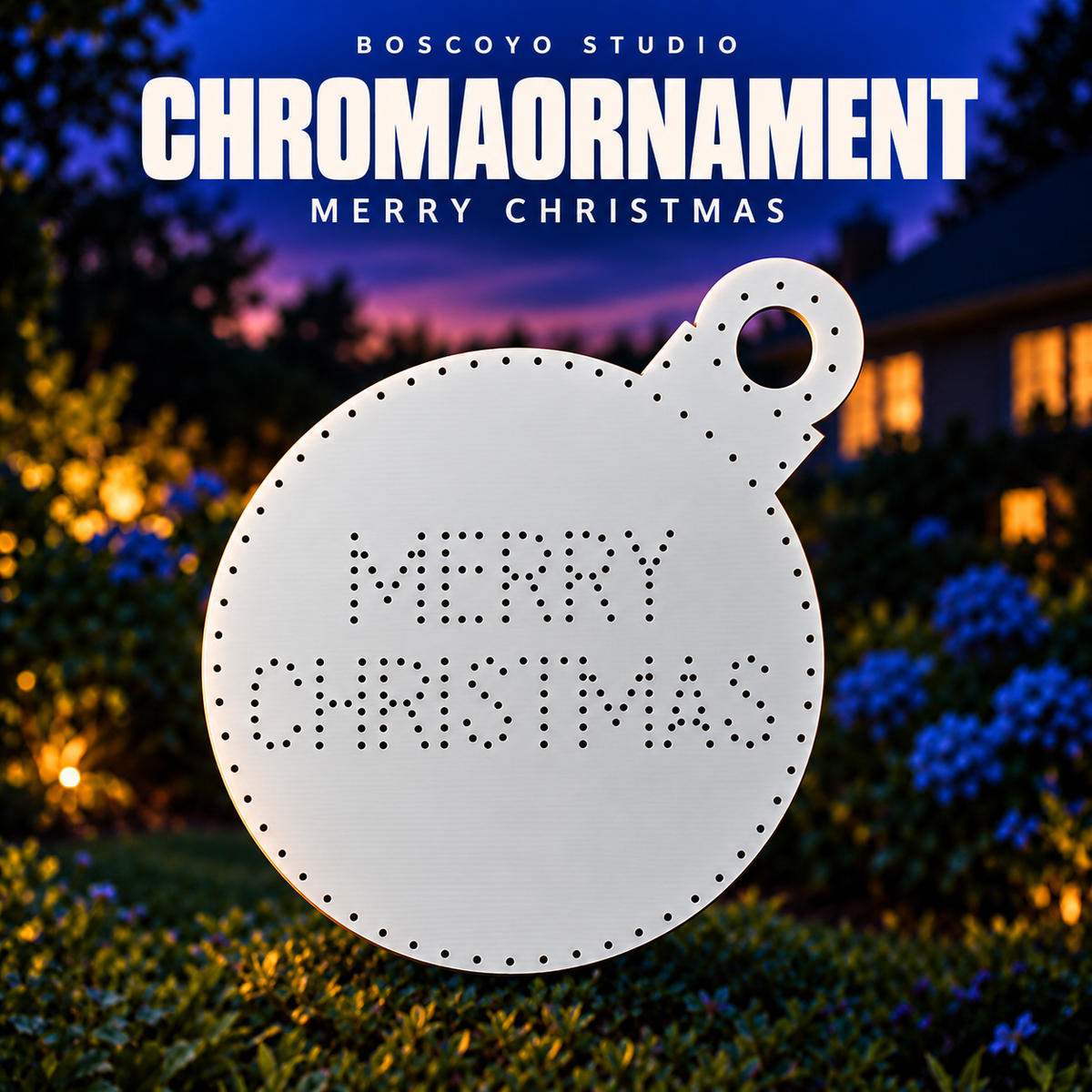 ChromaOrnament 4' with Merry Christmas bare white coro prop with empty pixel holes in an evening yard setting