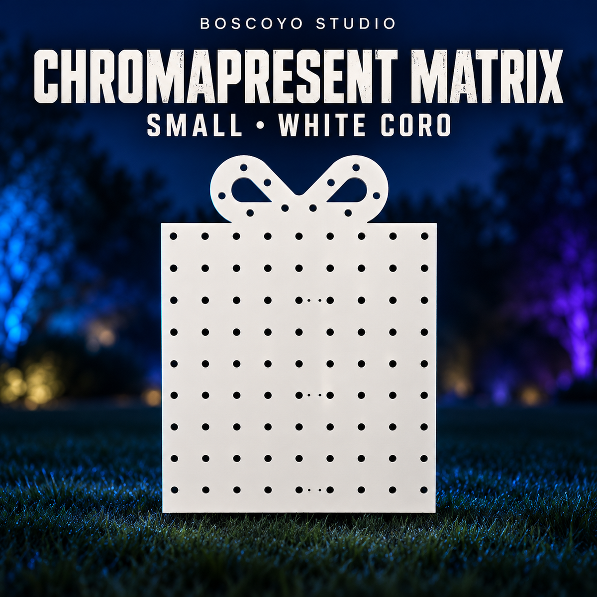 ChromaPresent Matrix Small by Boscoyo Studio, original unlit coro prop on a dark blue evening yard background.