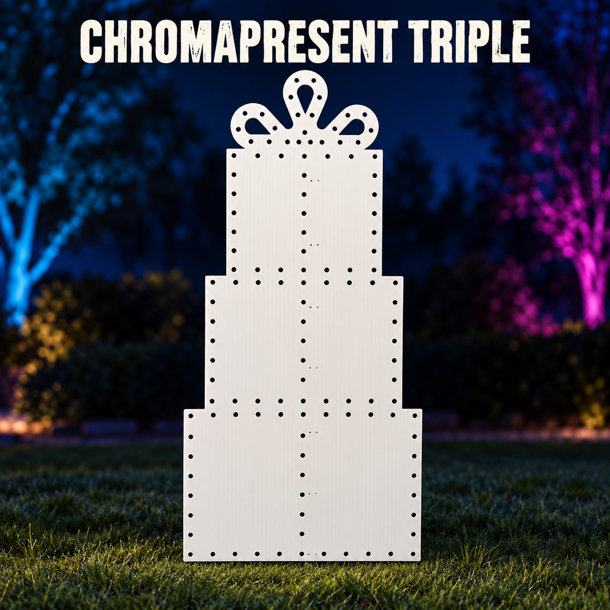Boscoyo ChromaPresent Triple, an unlit white flat coro prop with three stacked present tiers, three-loop top bow and original empty pixel holes.