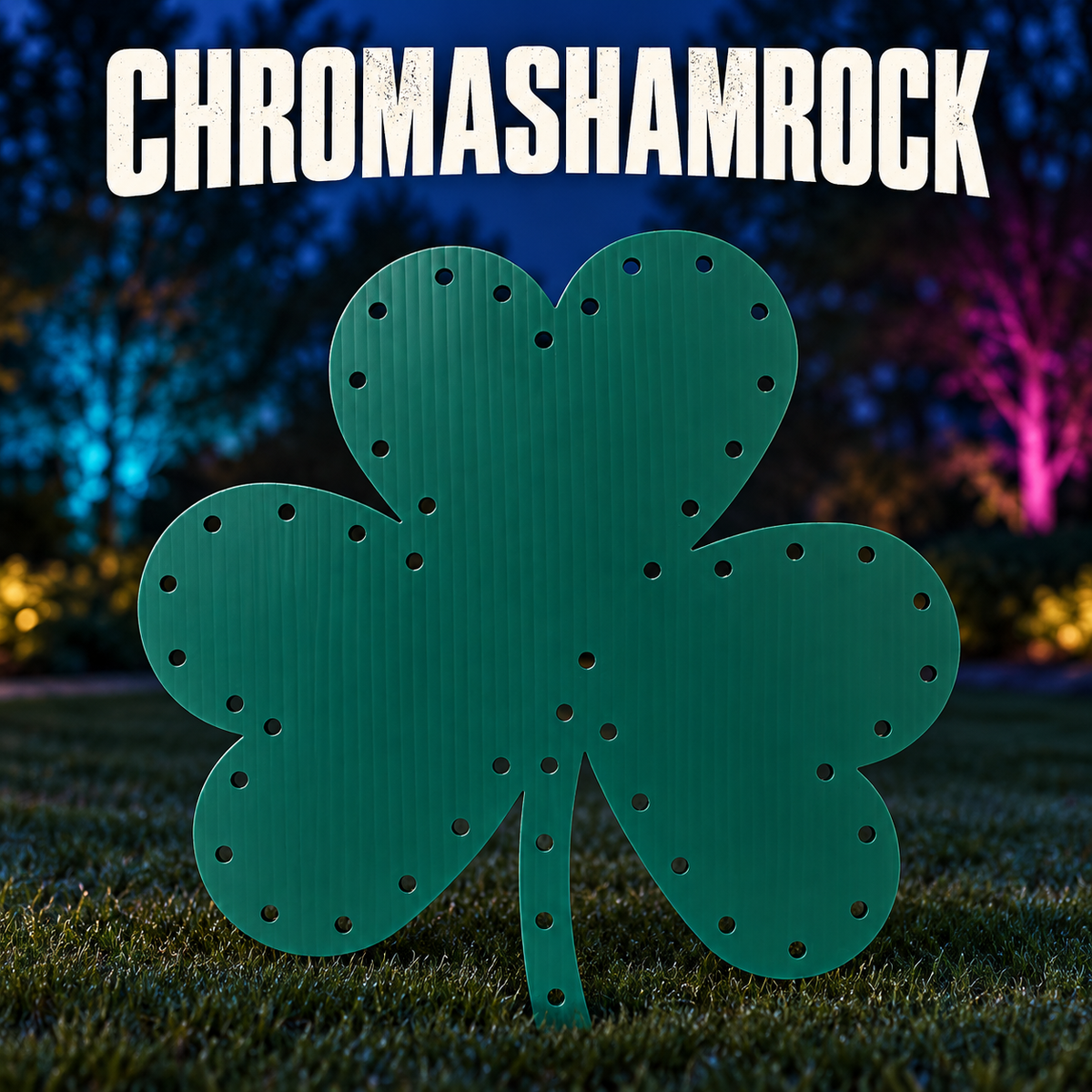Boscoyo ChromaShamrock, an unlit green three-leaf coro shamrock with curved stem and its original empty pixel holes.