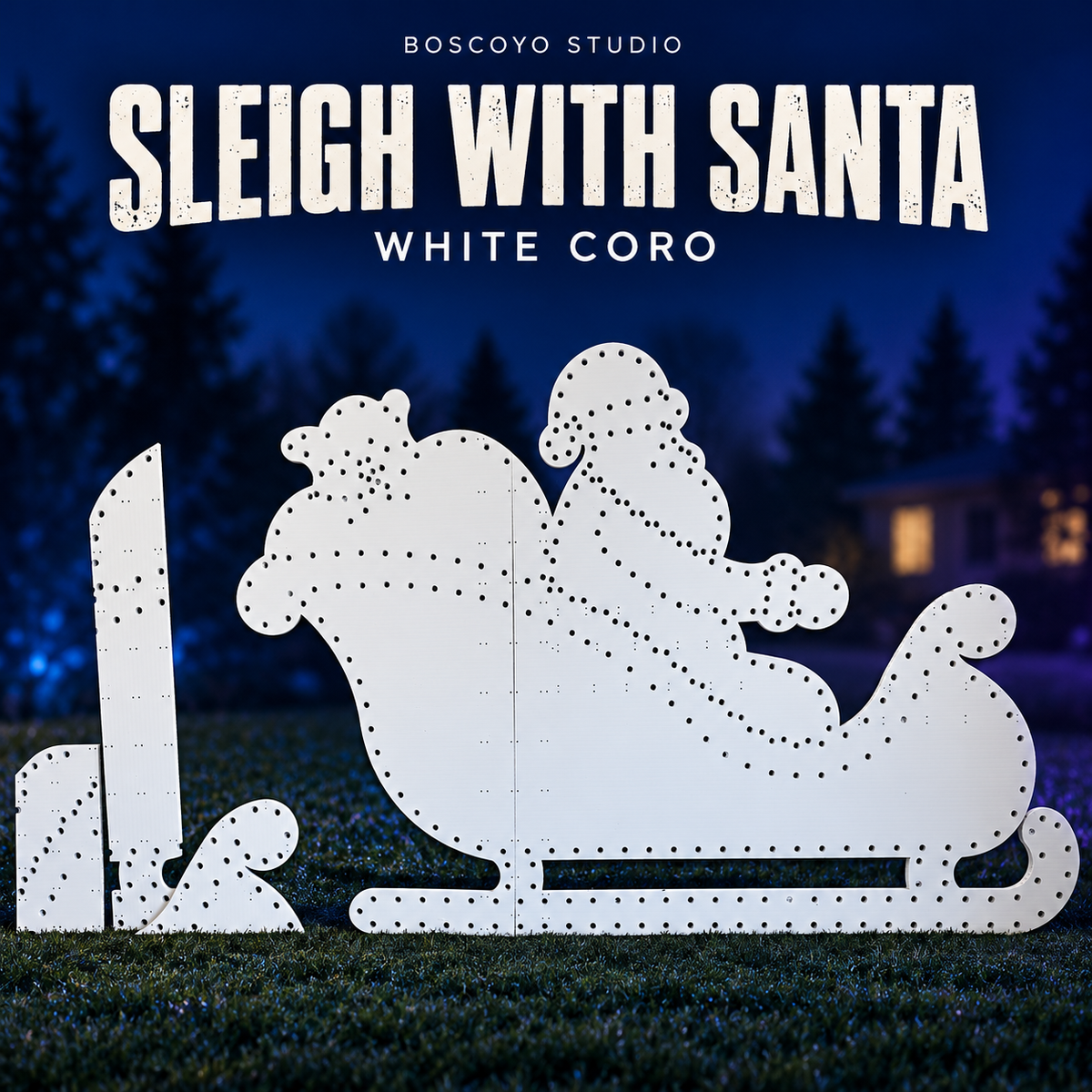 ChromaSleigh with Santa by Boscoyo Studio, original unlit coro prop on a dark blue evening yard background.
