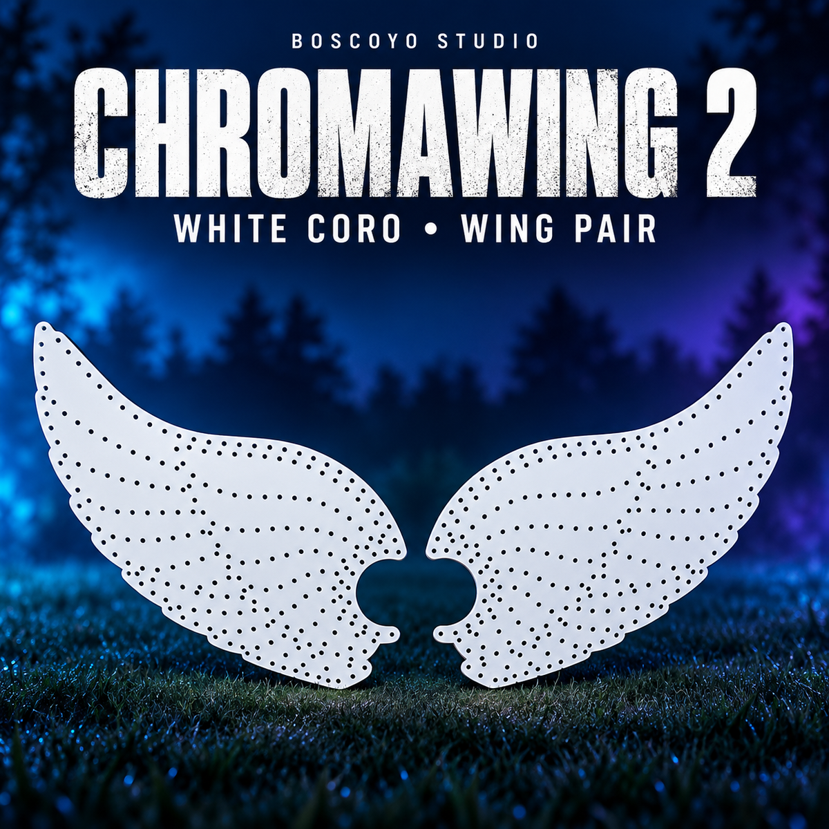 ChromaWing 2 by Boscoyo Studio, original unlit coro prop on a dark blue evening yard background.