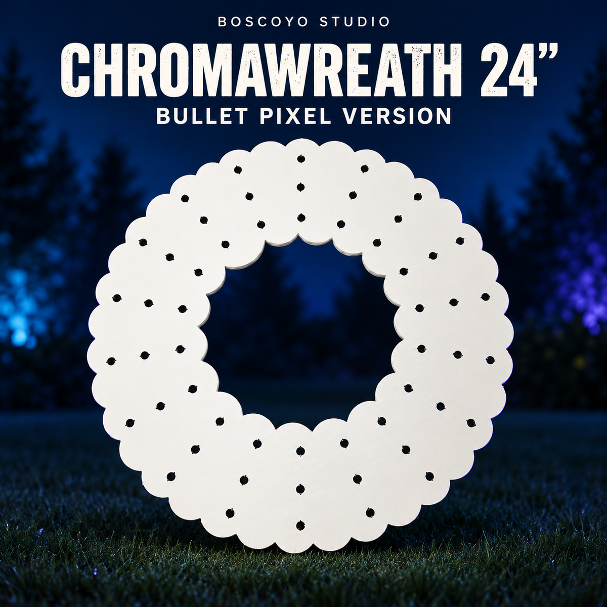 ChromaWreath 24" BULLETS ONLY by Boscoyo Studio, original unlit coro prop on a dark blue evening yard background.