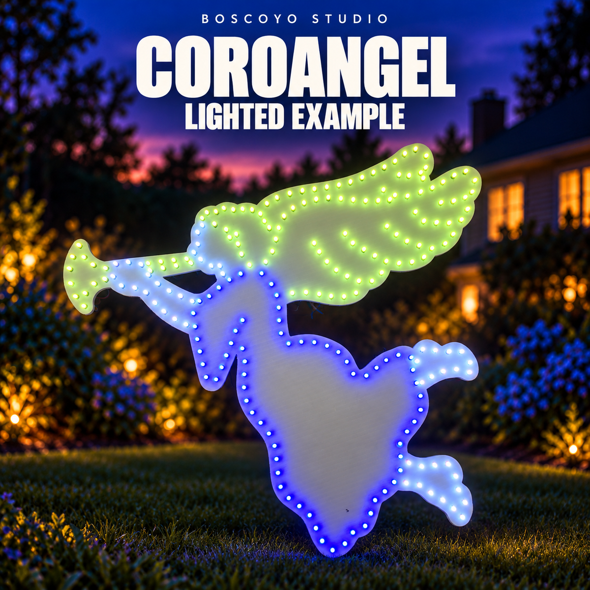 CoroAngel lighted display example with original green, blue and white pixels