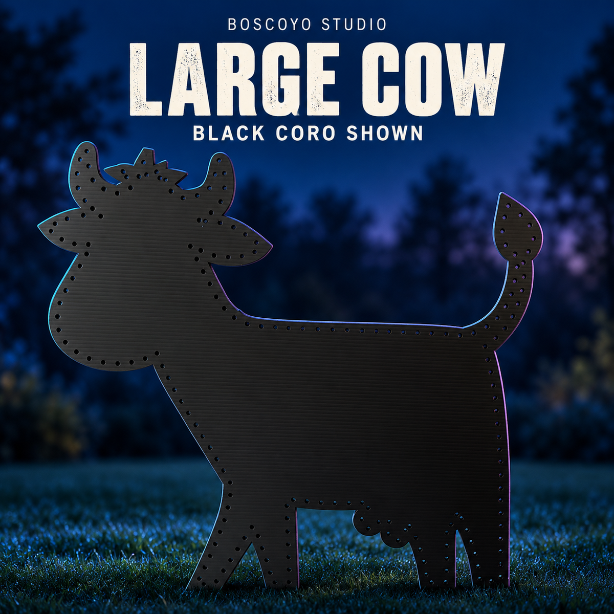 Cow large by Boscoyo Studio, original unlit coro prop on a dark blue evening yard background.