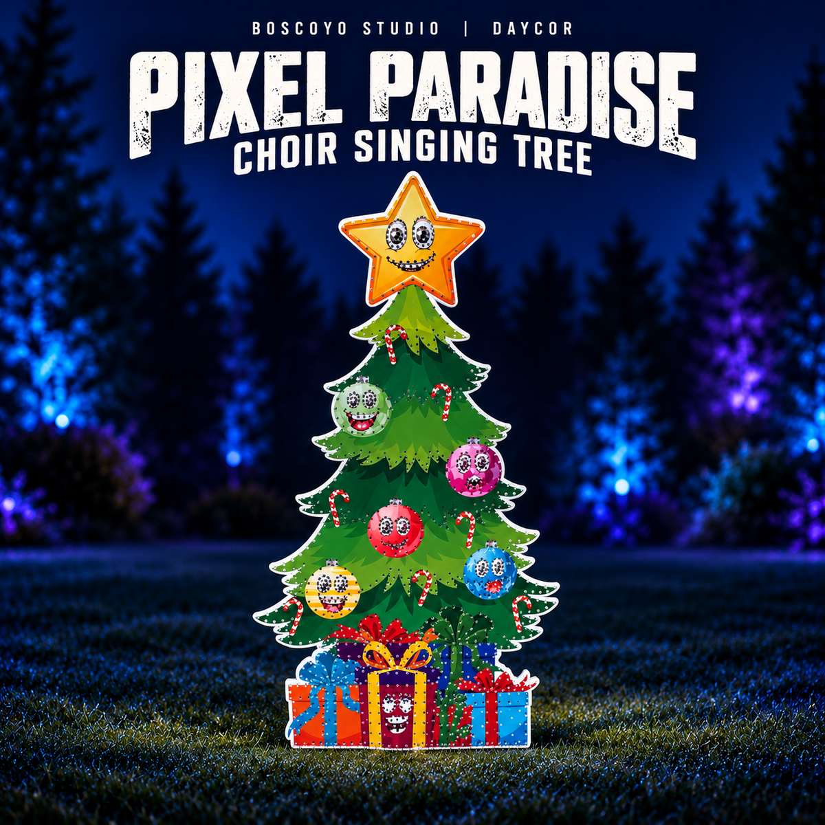 Boscoyo DayCor Pixel Paradise Choir Singing Tree with its original printed star, singing ornaments, candy canes and gifts, shown without installed lights.