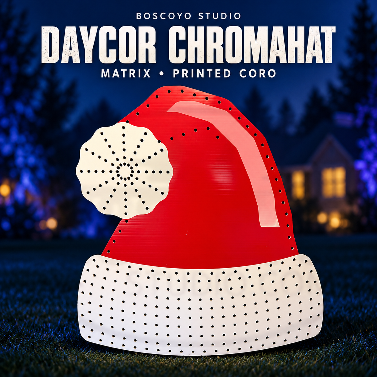 DayCor ChromaHat Matrix printed red and white coro prop with empty pixel holes, shown on a dark blue evening yard background.