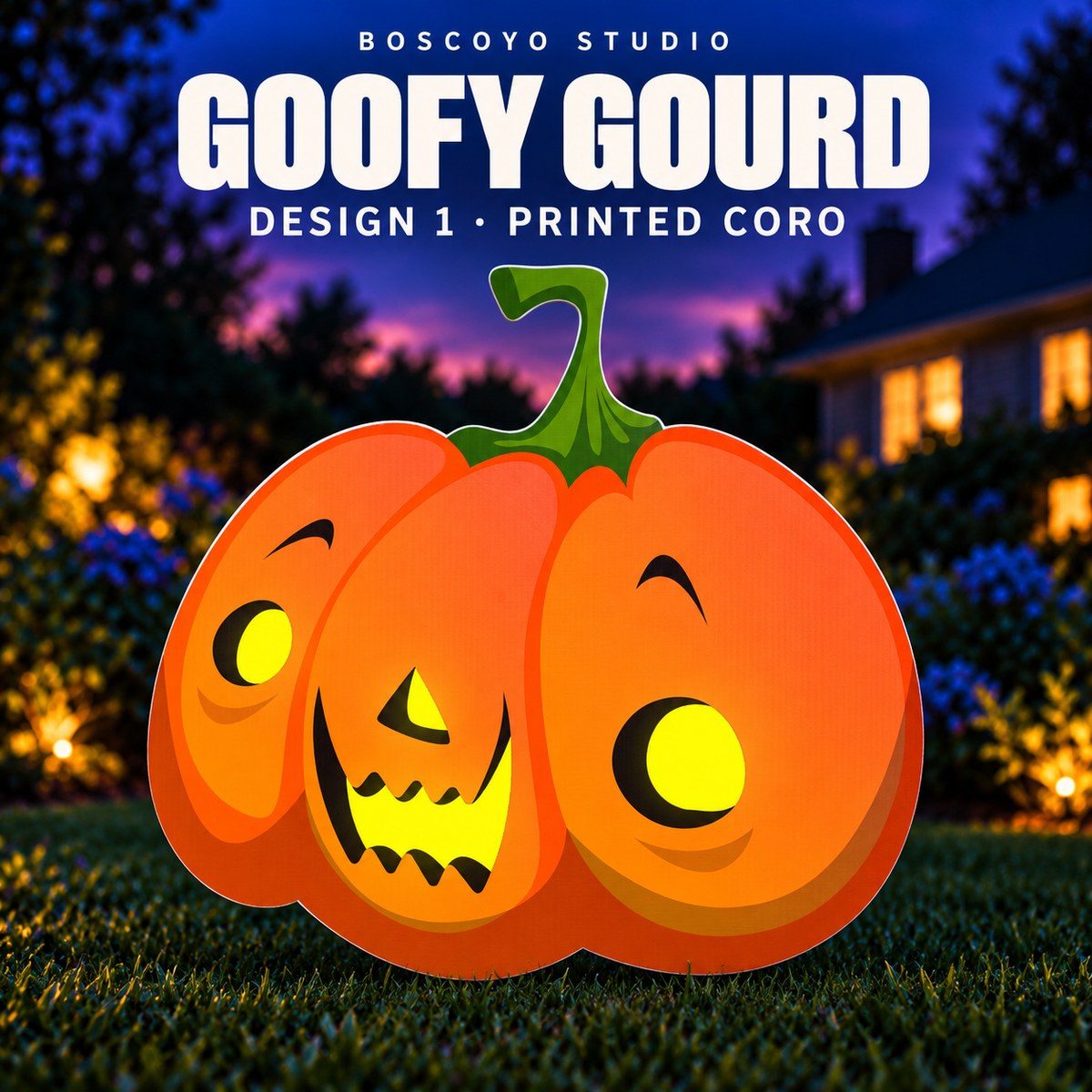 DayCor HiRes Goofy Gourd printed coro prop, Design 1, unlit in an evening yard setting