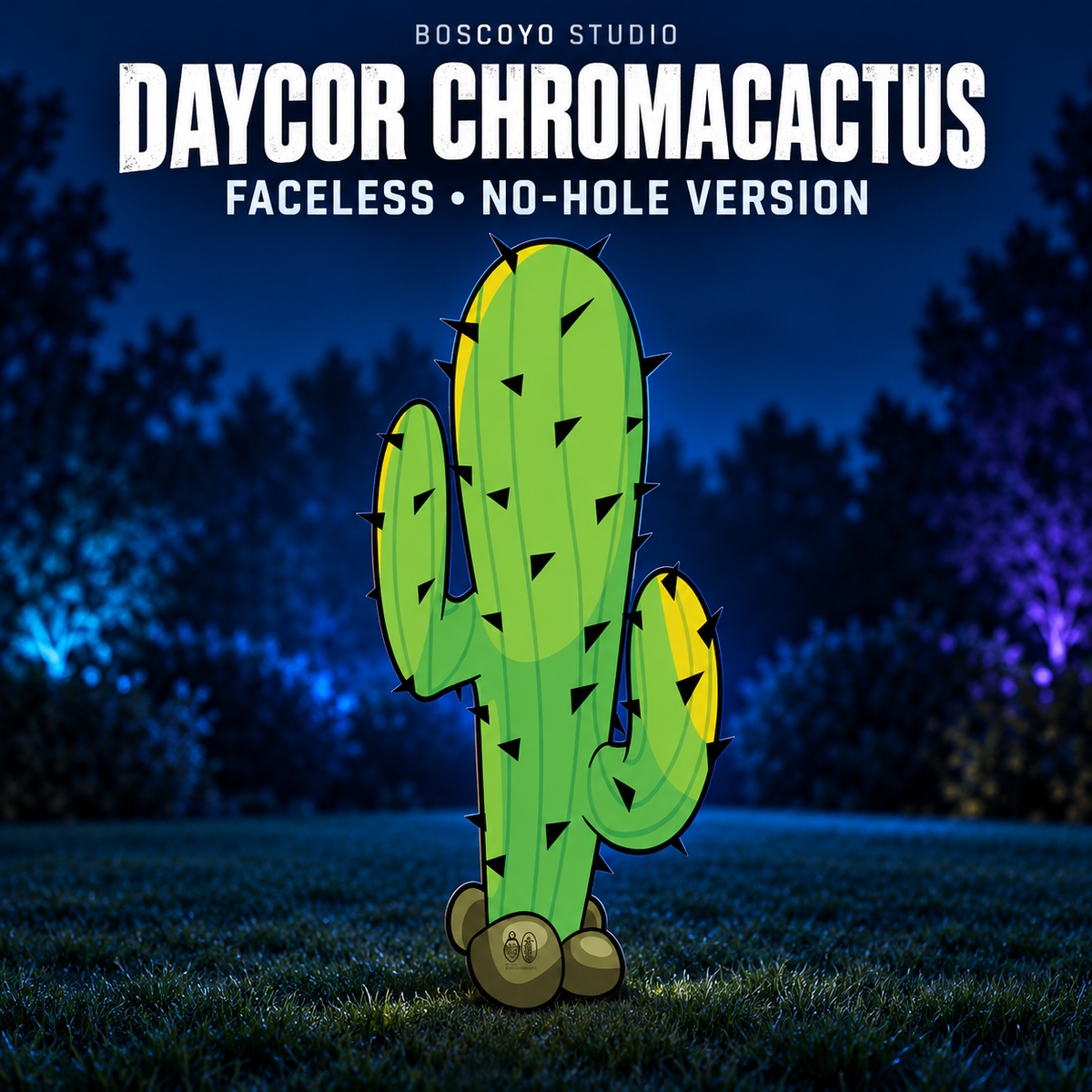 DayCor HiRes ChromaCactus faceless no-hole printed coro option, original green and yellow cactus artwork with olive base rocks, unlit on a dark blue evening yard.