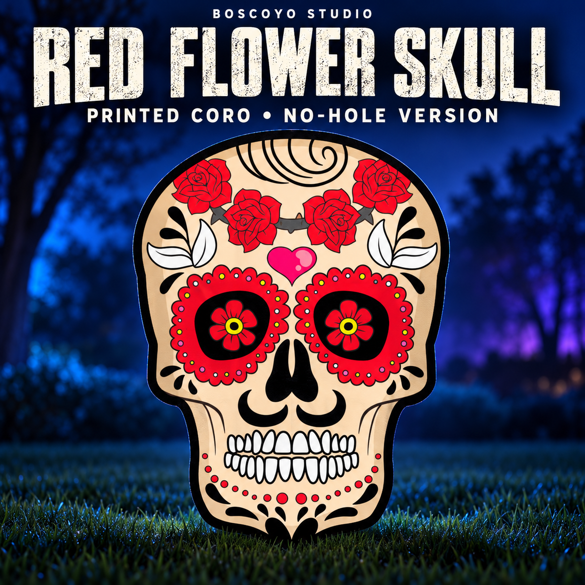 DayCor HiRes ChromaSkull 3 Red Flowers no-hole printed coro version, original flat cream, red, black and yellow artwork on a dark blue evening yard.