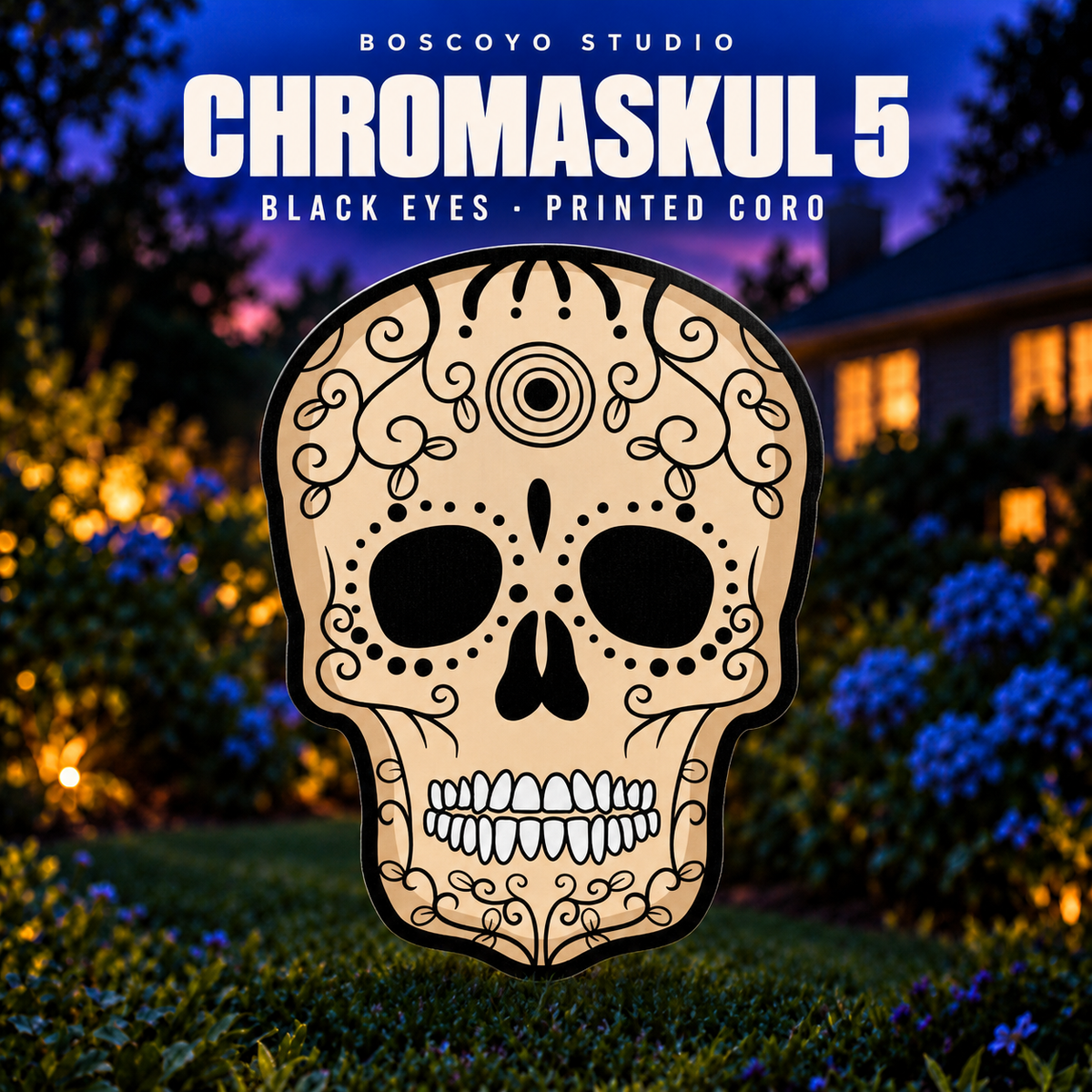 DayCor™ HiRes ChromaSkull 5 Black Eyes printed coro prop, unlit in an evening yard setting
